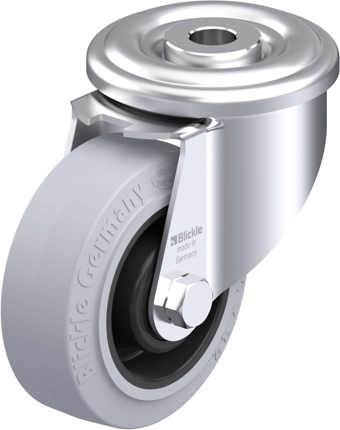 Schwenkrolle mit Gehäuse, grauer Gummireifen und silbernem Metallgehäuse, mit Aufschrift 'Blickle made in Germany'.