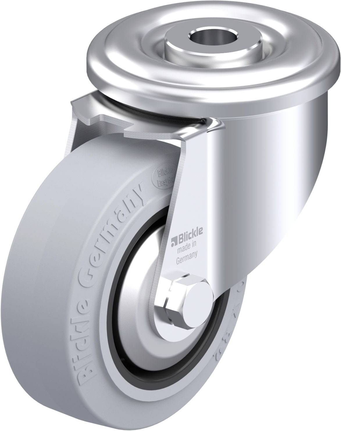 Industrie-Lenkrolle aus Metall und Kunststoff, mit Aufschrift 'Blickle made in Germany'.