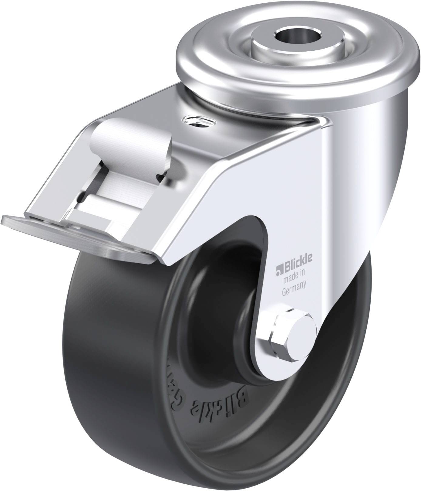 Das Bild zeigt eine kugelgelagerte Lenkrolle mit einer schwarzen Kunststofflauffläche und einem Metallgehäuse, geeignet für Möbel.