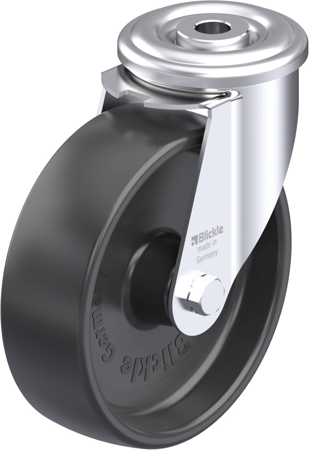 Ein einzelnes schwarzes Rad mit silbernem Gehäuse. Eine Aufschrift 'Blickle made in Germany' ist auf der Halterung zu sehen.