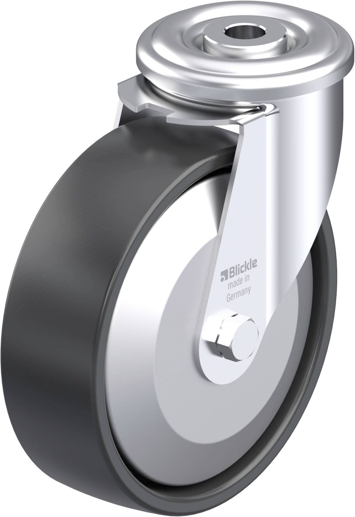 Industrierolle mit silbernem Gehäuse und grauem Rad. Geeignet für schwere Lasten und industrielle Anwendungen.