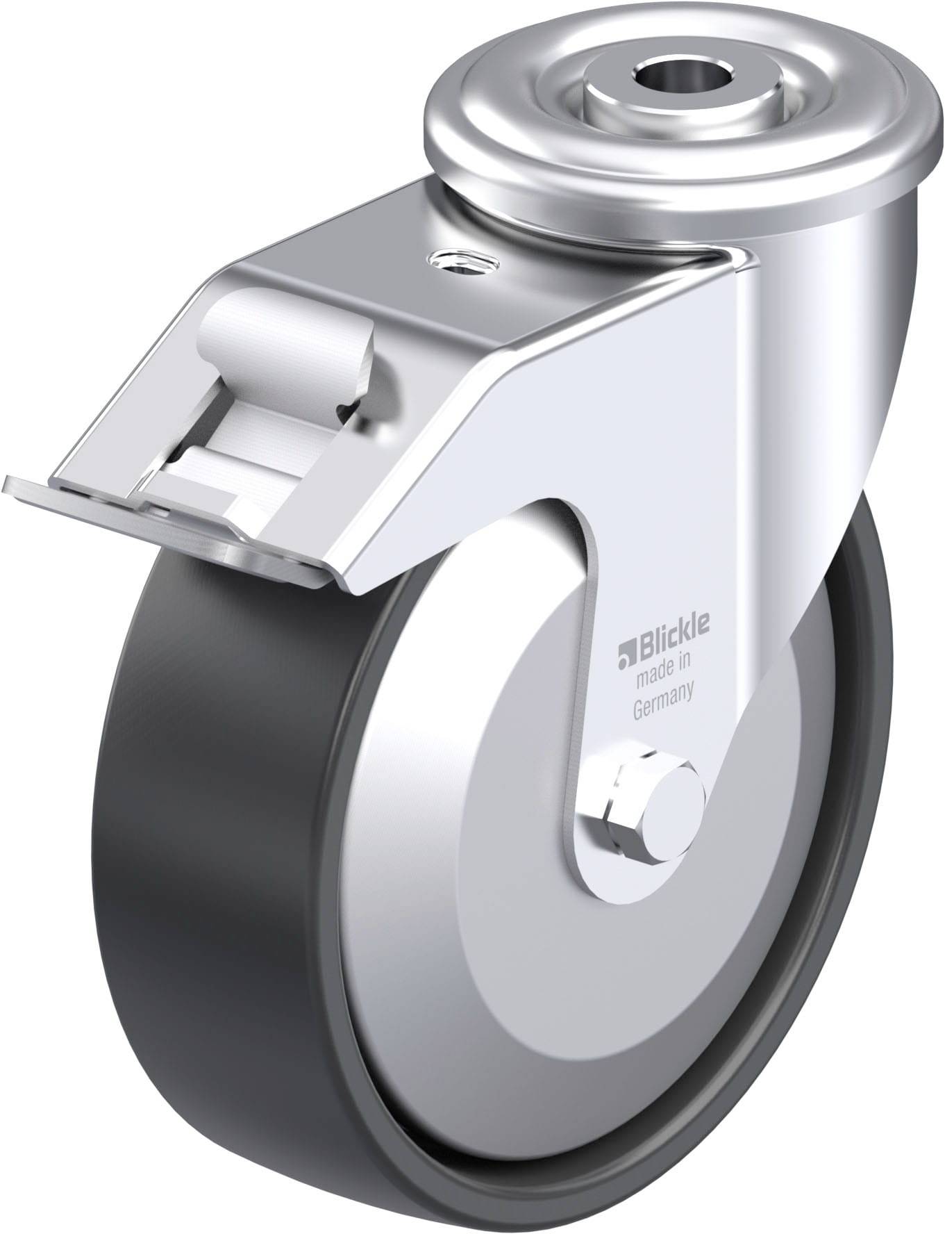 Industrie-Lenkrolle aus Metall und Gummi, mit Beschriftung 'Blickle made in Germany'. Die Rolle ist für schwere Lasten geeignet.