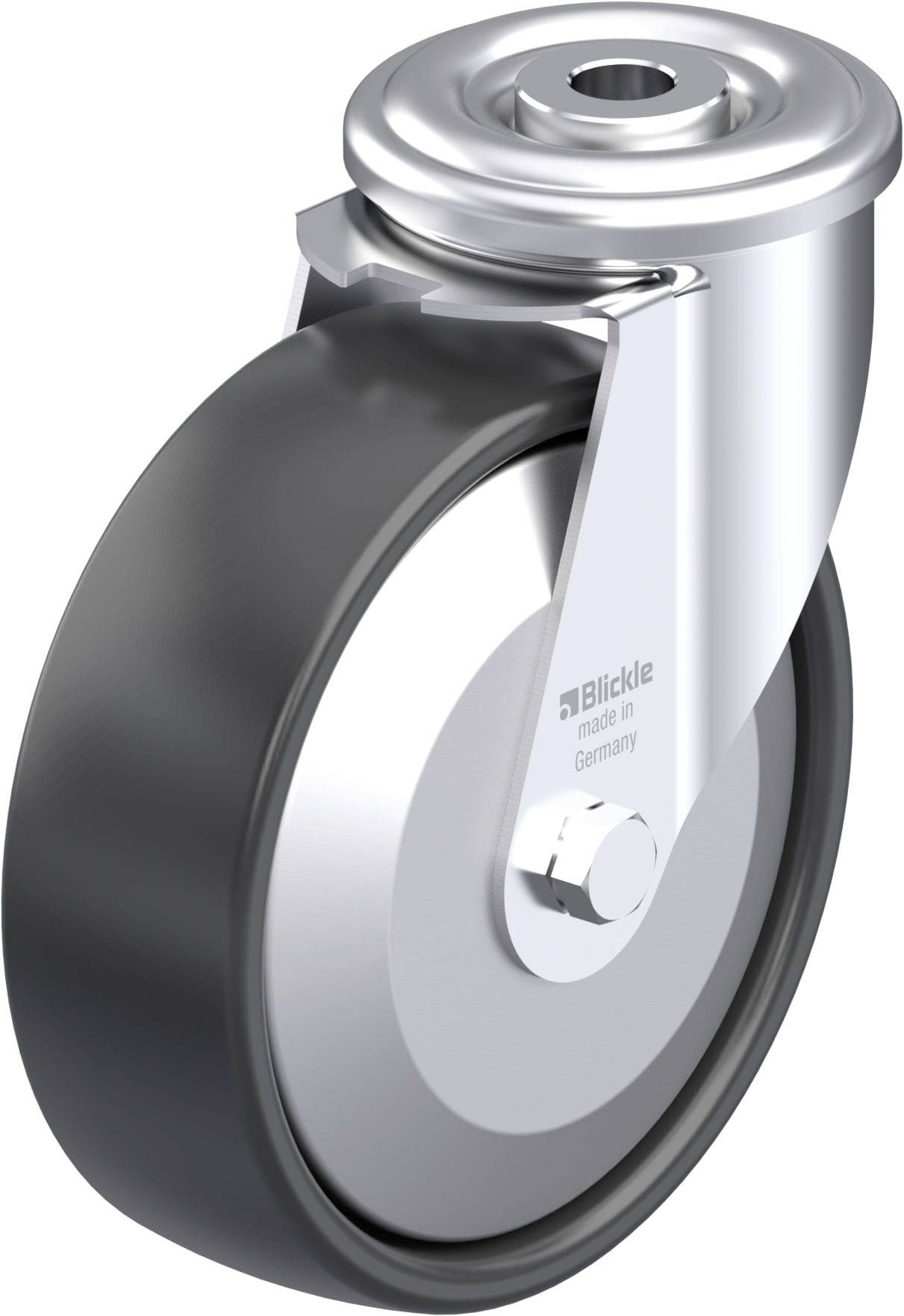 Rolle mit silbernem Gehäuse und schwarzem Rad, geeignet für mobile Geräte oder Möbelsysteme. Auf der Seite steht 'Blickle made in Germany'.