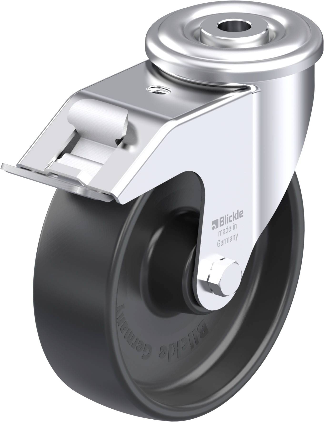 Industrie-Lenkrolle mit grauem Rad und silbernem Gehäuse, gedruckt mit 'Blickle made in Germany'.