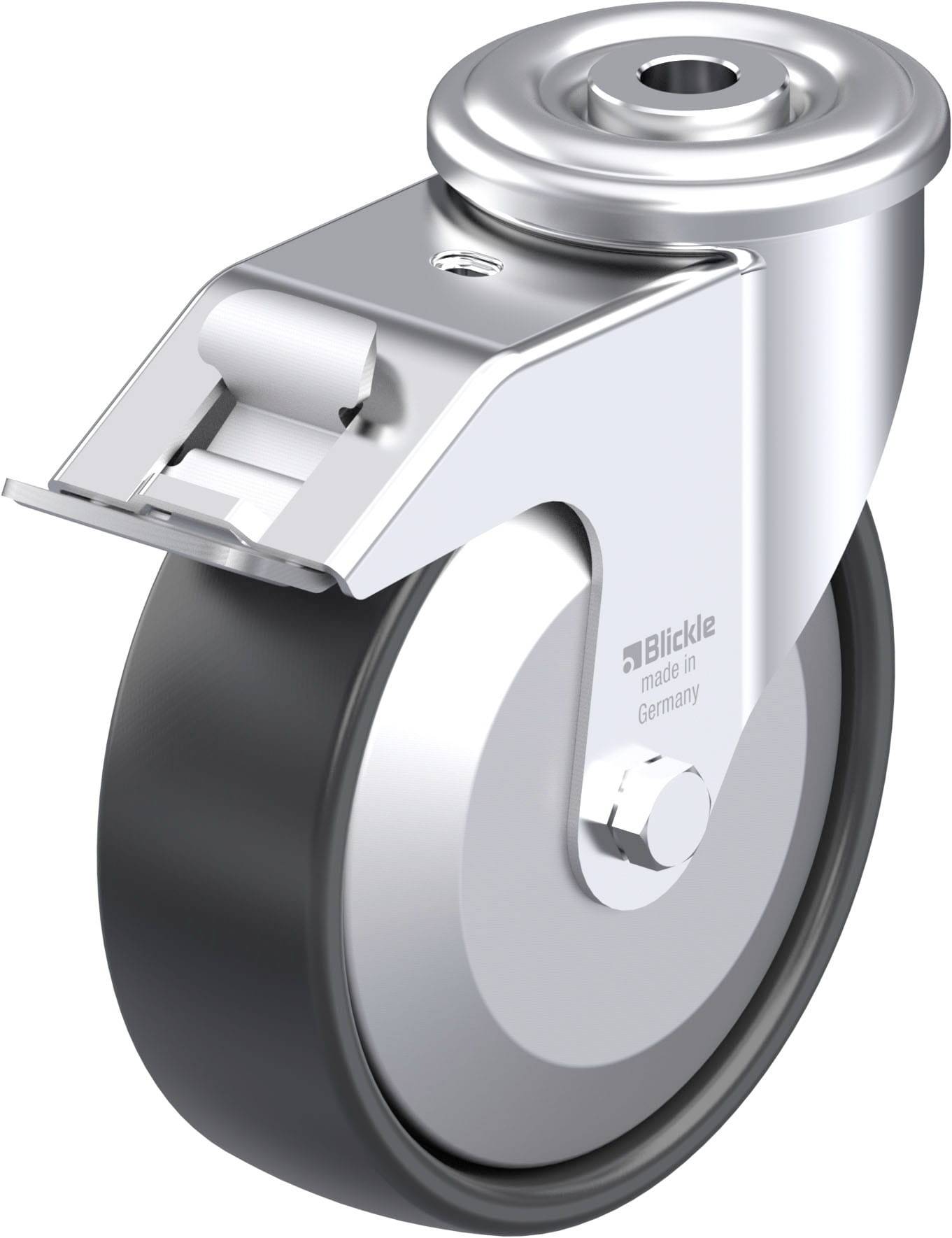 Industrie-Schwenkrolle aus Metall mit schwarzem Rad und einem Schwenklager, darauf steht 'Blickle made in Germany'.