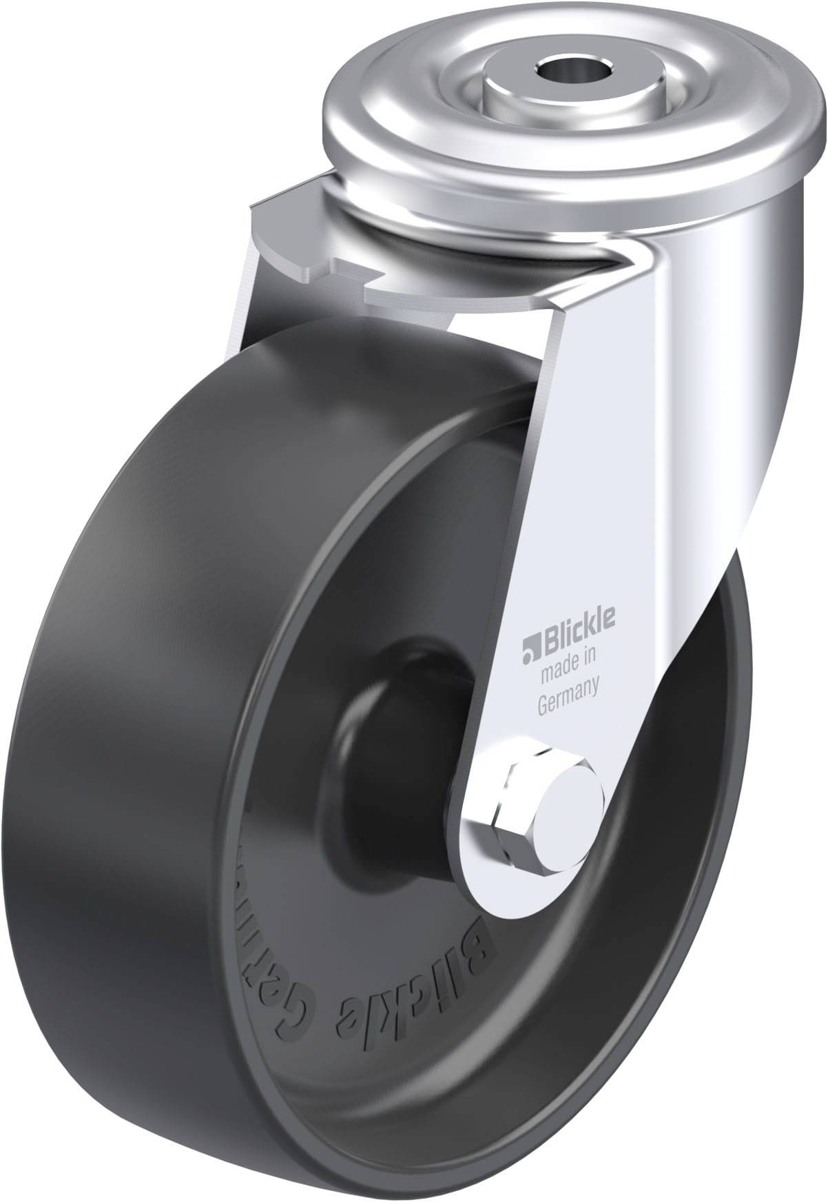 Industrielles Lenkrolle mit schwarzem Kunststoffrad und silbernem Gehäuse, geeignet für vielseitige Transportanwendungen.
