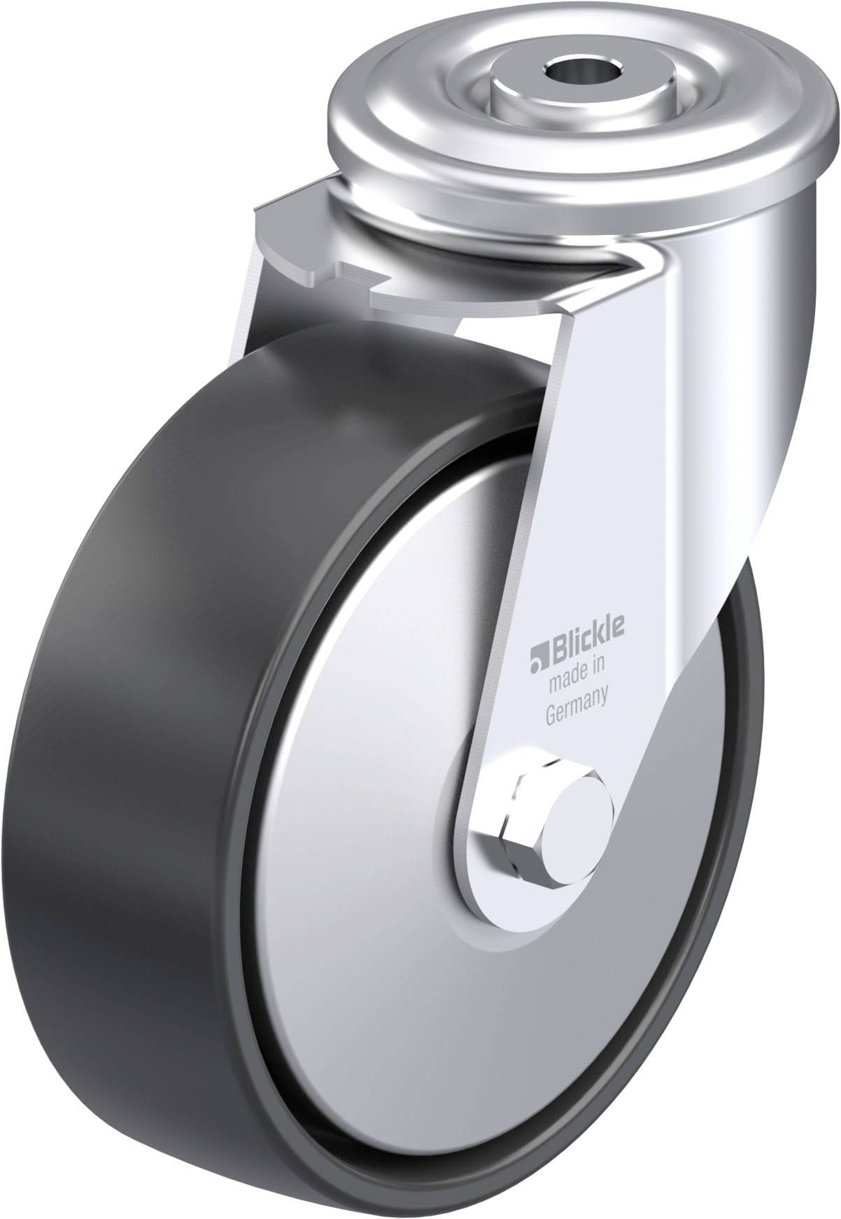 Metallenes Lenkrolle mit schwarzem Gummirad, geeignet für hohe Lasten. Rolle hat glänzende Oberfläche und Logo mit Aufschrift 'Blickle'.