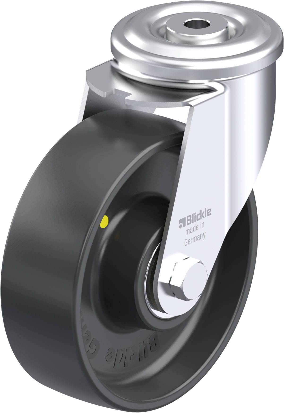 Schwenkrolle aus Metall mit schwarzem Rad und Beschriftung 'Blickle'. Geeignet für industrielle Anwendungen, robust und langlebig.