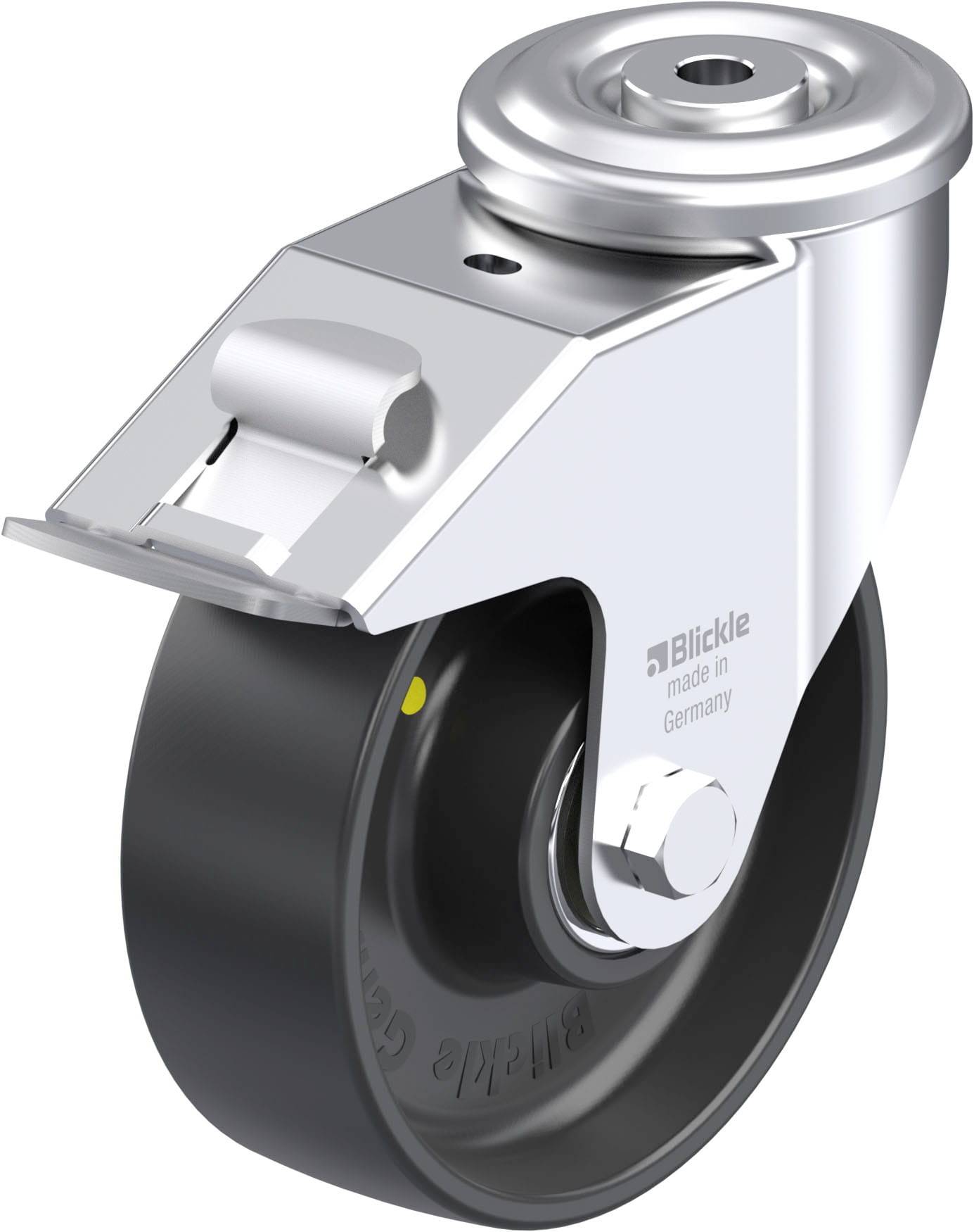 Industrie-Bockrolle aus Metall mit schwarzem Rad. Geeignet für schwere Lasten. Hergestellt in Deutschland.
