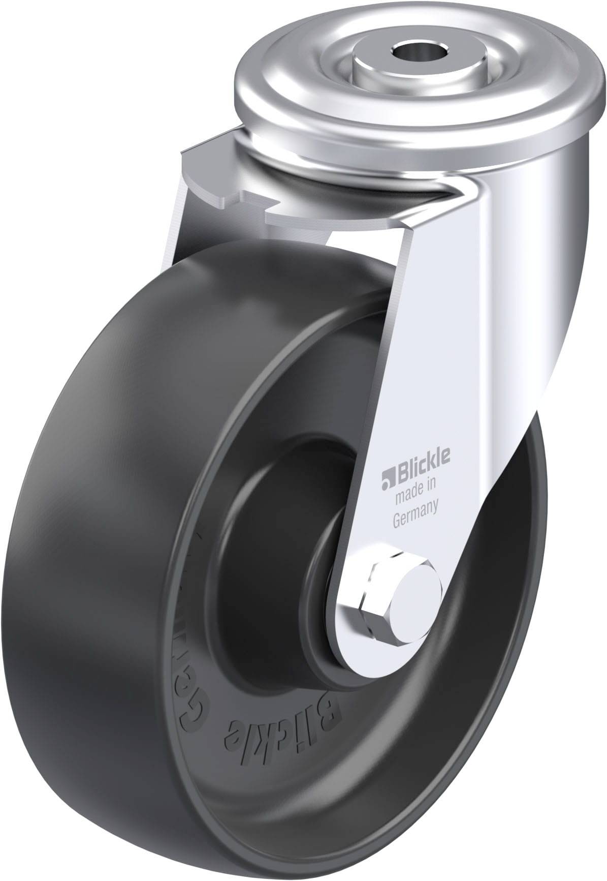 Schwenkrolle aus Metall mit schwarzem Rad, Aufschrift 'Blickle made in Germany'. Geeignet für Transport und Industrieanwendungen.