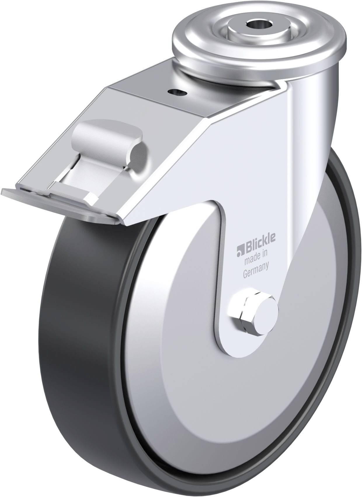 Industrie-Bockrolle aus Metall und Kunststoff mit schwarzem Rad, geeignet für schwere Lasten. Markant und robust im Design.