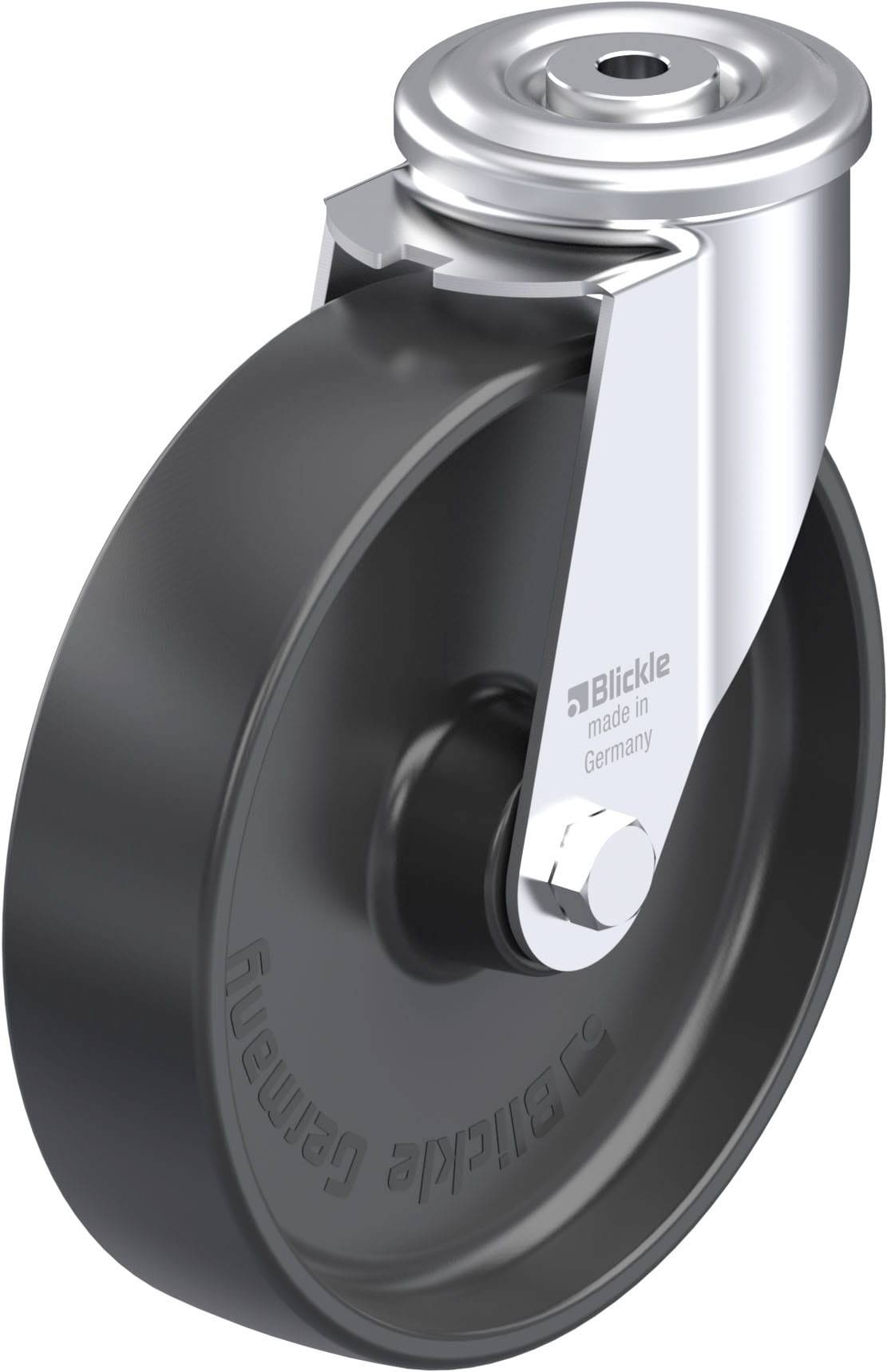 Industrie-Lenkrolle mit schwarzem Rad und silbernem Gehäuse, geprägte Marke 'Blickle'.
