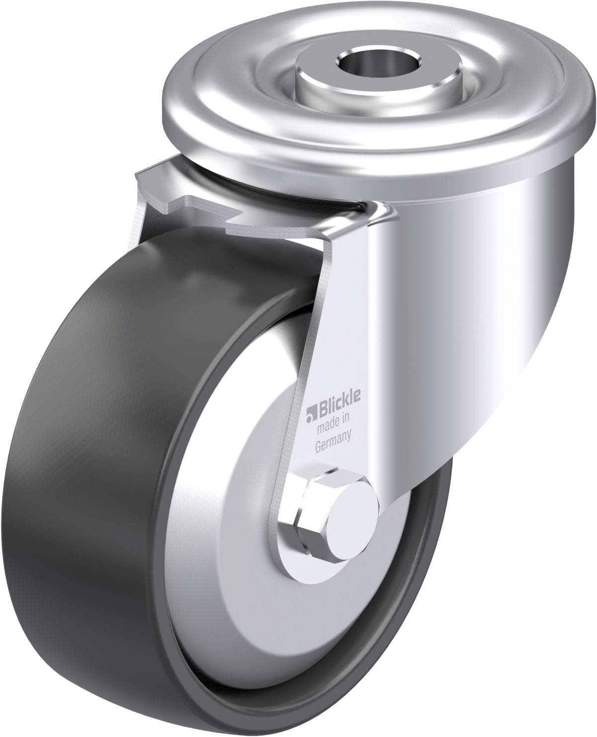 Industrielles Lenkrollenrad aus Metall und schwarzem Gummi mit Beschriftung 'Blickle made in Germany'.