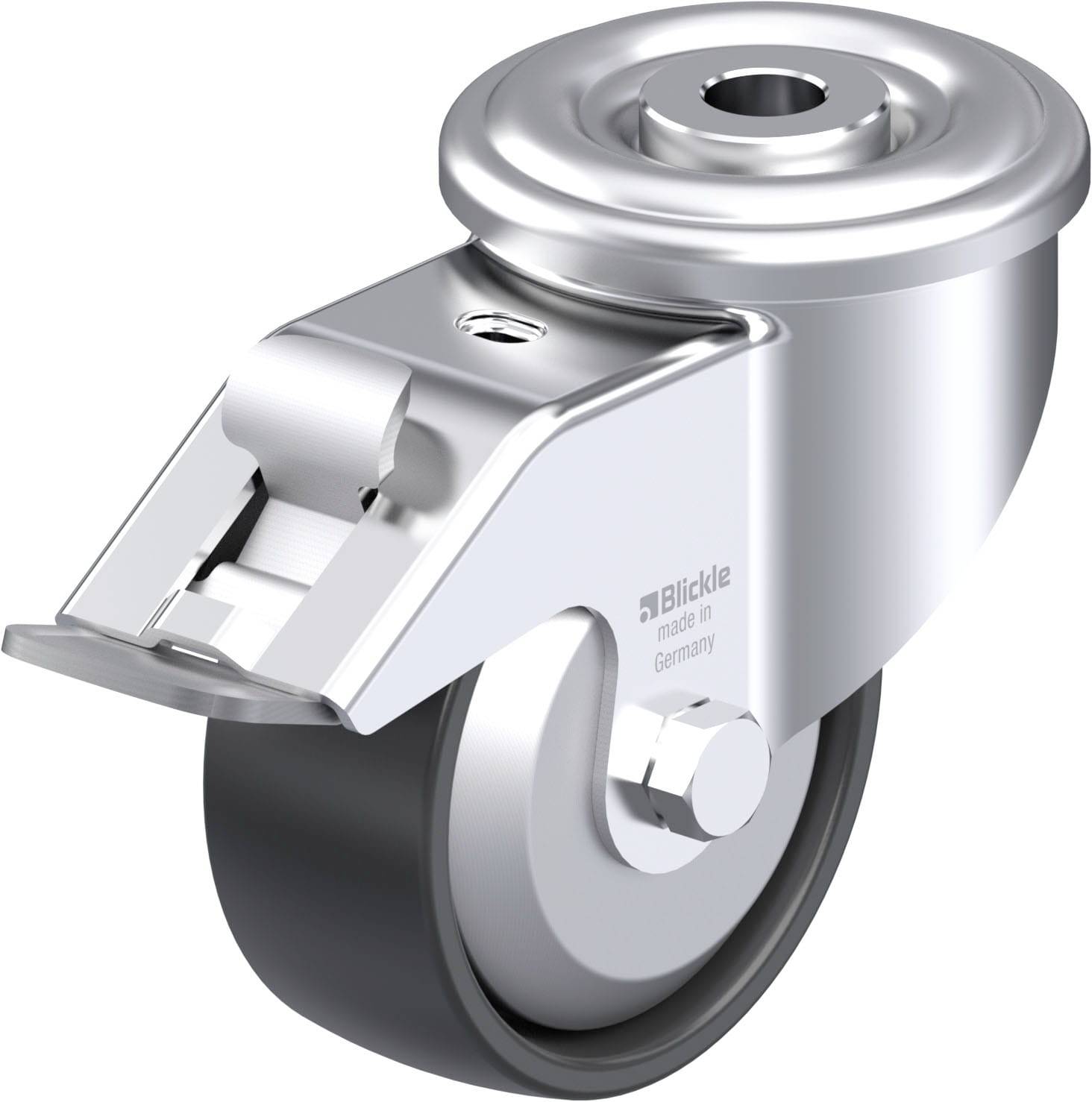 Das Bild zeigt ein silbernes Rad mit Gehäuse. Es hat eine glatte, schwarze Gummilauffläche und ist in industriellem Design gehalten.