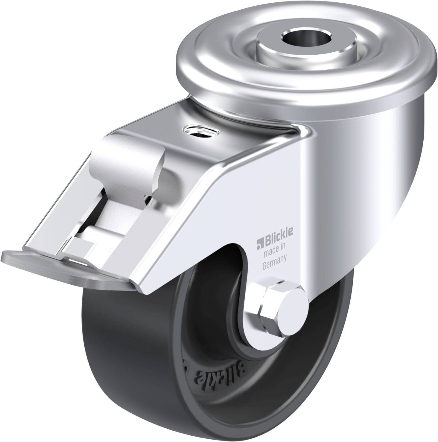 Metallisches Drehrollenrad aus Edelstahl mit schwarzem Reifen, verwendet für mobile Möbel oder Geräte, robust und langlebig.