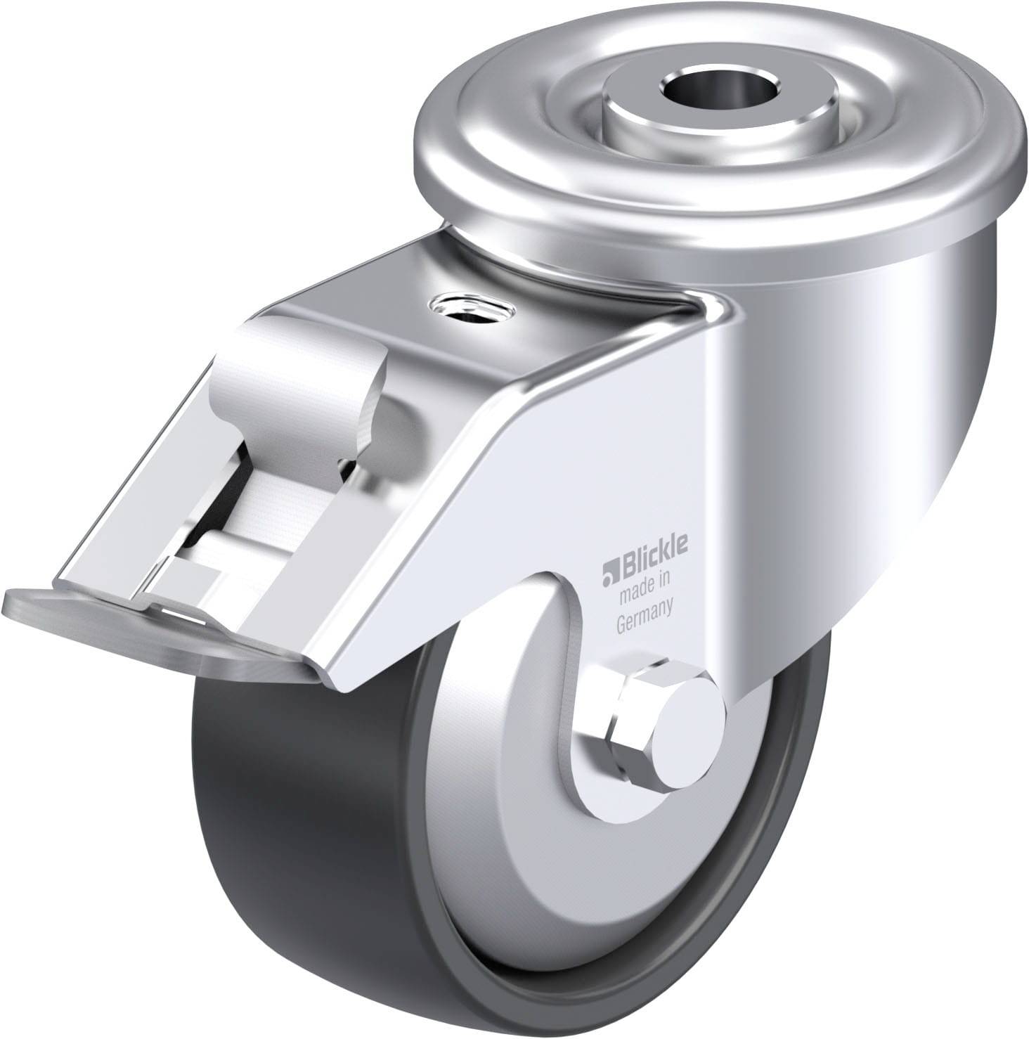 Metallisches Lenkrollenrad mit schwarzem Gummi, markiert mit 'Blickle' und 'made in Germany', Seitenansicht, für Geräte oder Möbel.