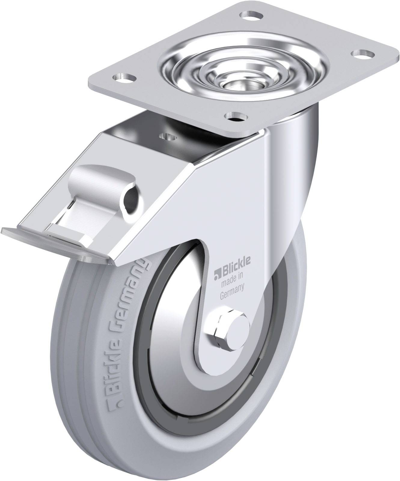 Ein schwenkbares Rollenscharnier aus Metall mit grauem Rad, geeignet für Möbel oder Transportgeräte. Auf dem Rad steht 'Blickle Germany'.