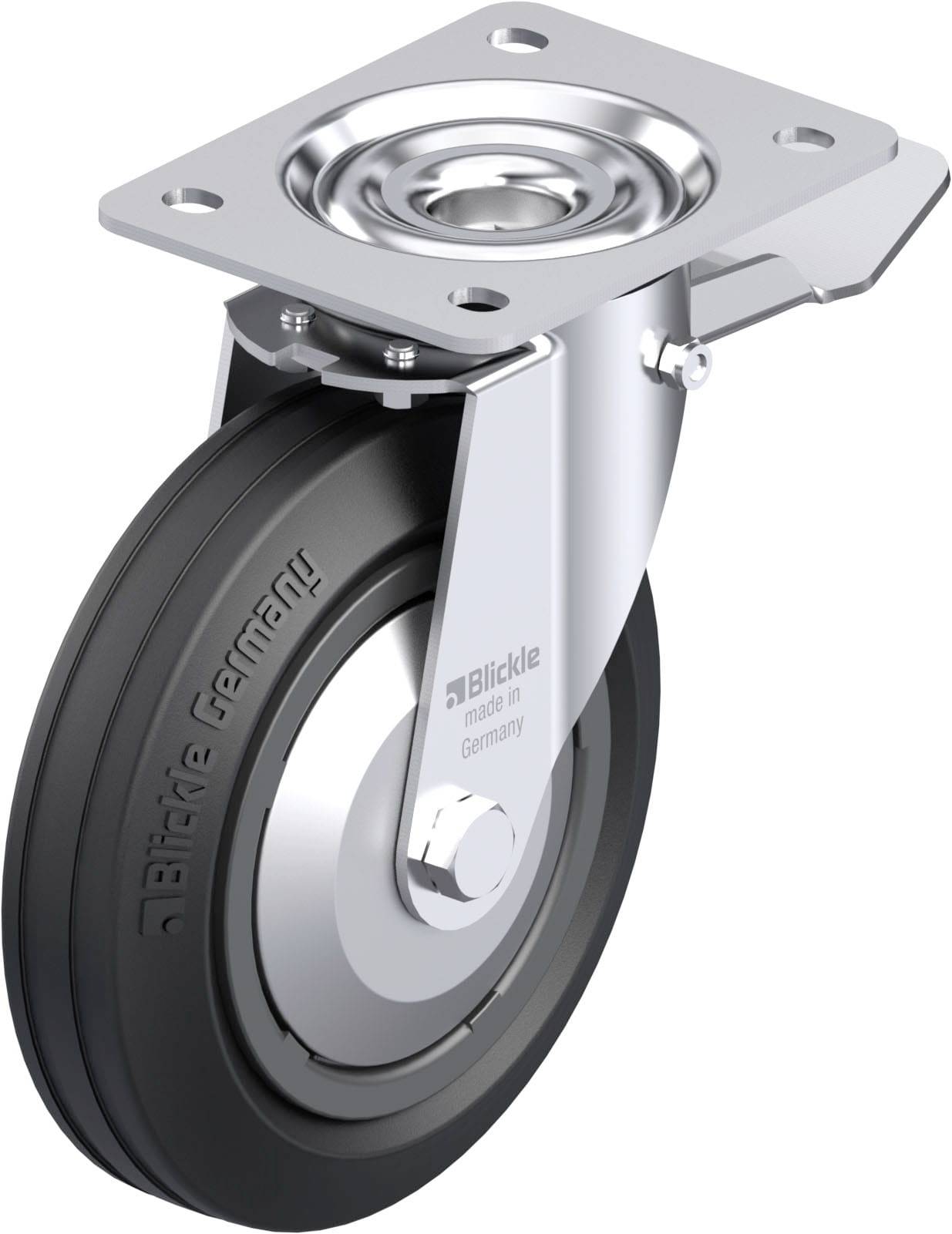 Schwenkrolle aus Metall mit schwarzem Gummi, Aufschrift 'Blickle made in Germany' auf der Felge. Geeignet für industrielle Anwendungen.