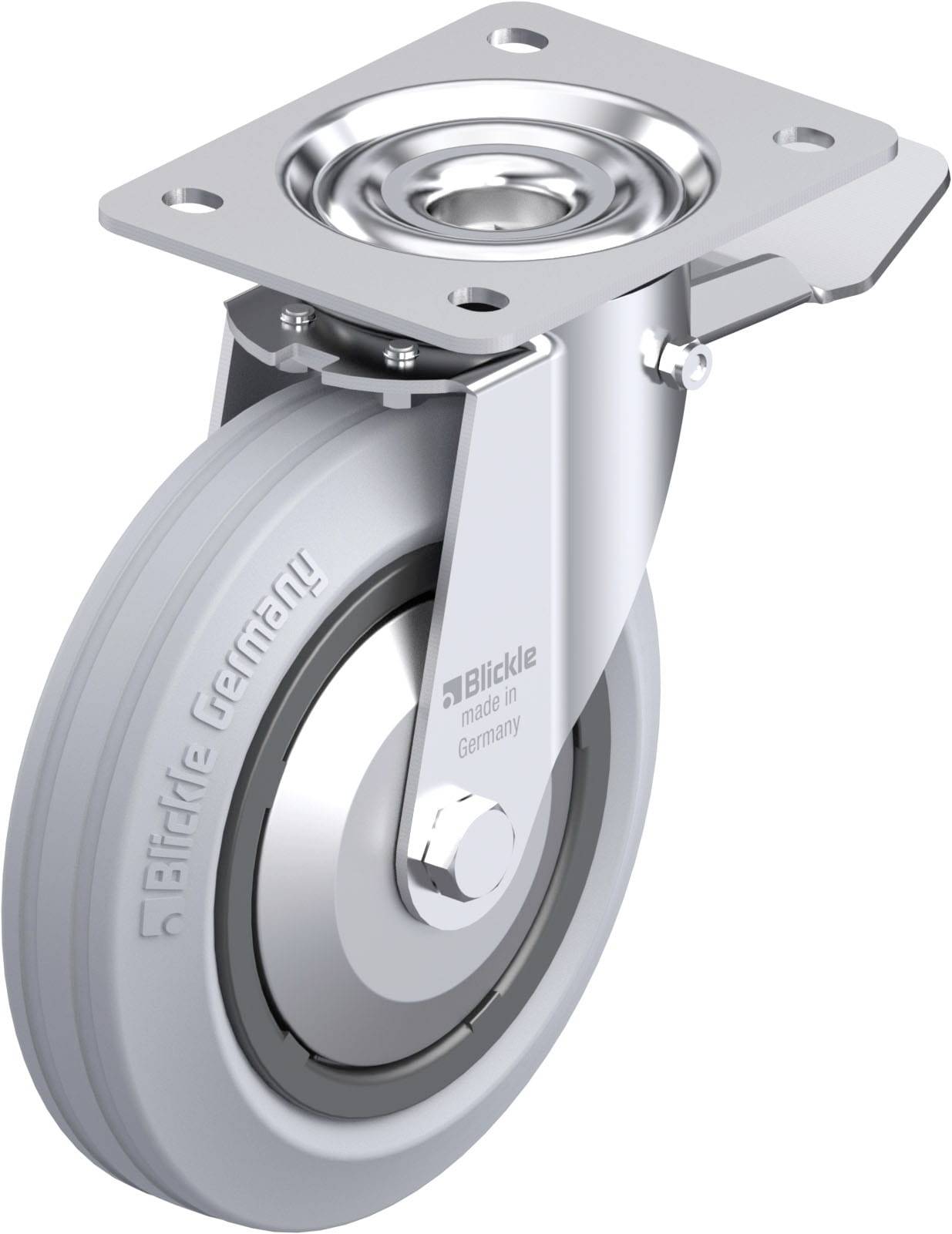 Graue Lenkrolle mit Metallelementen und eingravierter Aufschrift 'Blickle Germany', geeignet für industrielle Anwendungen.