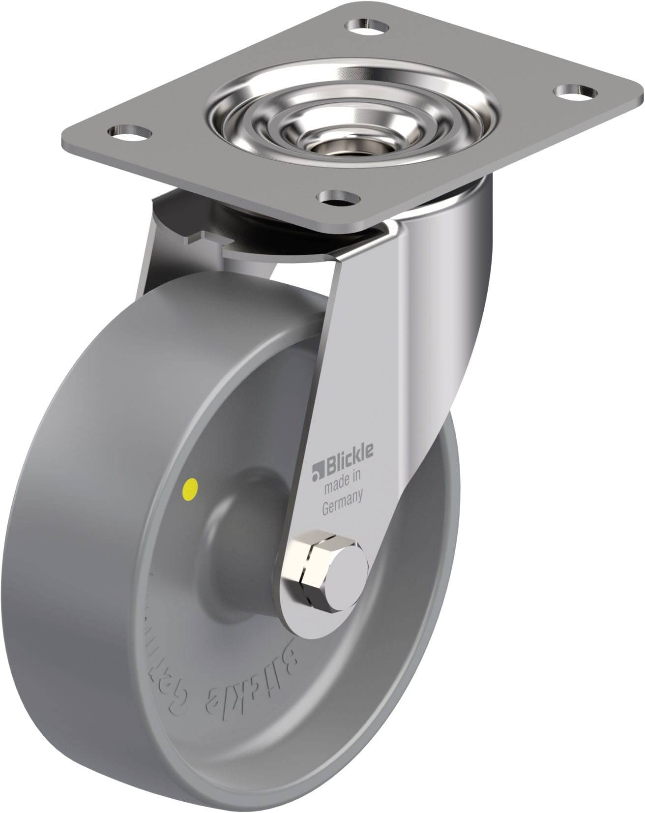 Graues Rad mit Drehplatte und Kugellager, geeignet für Möbel oder Gerätebewegung. Robust und aus Metall gefertigt.