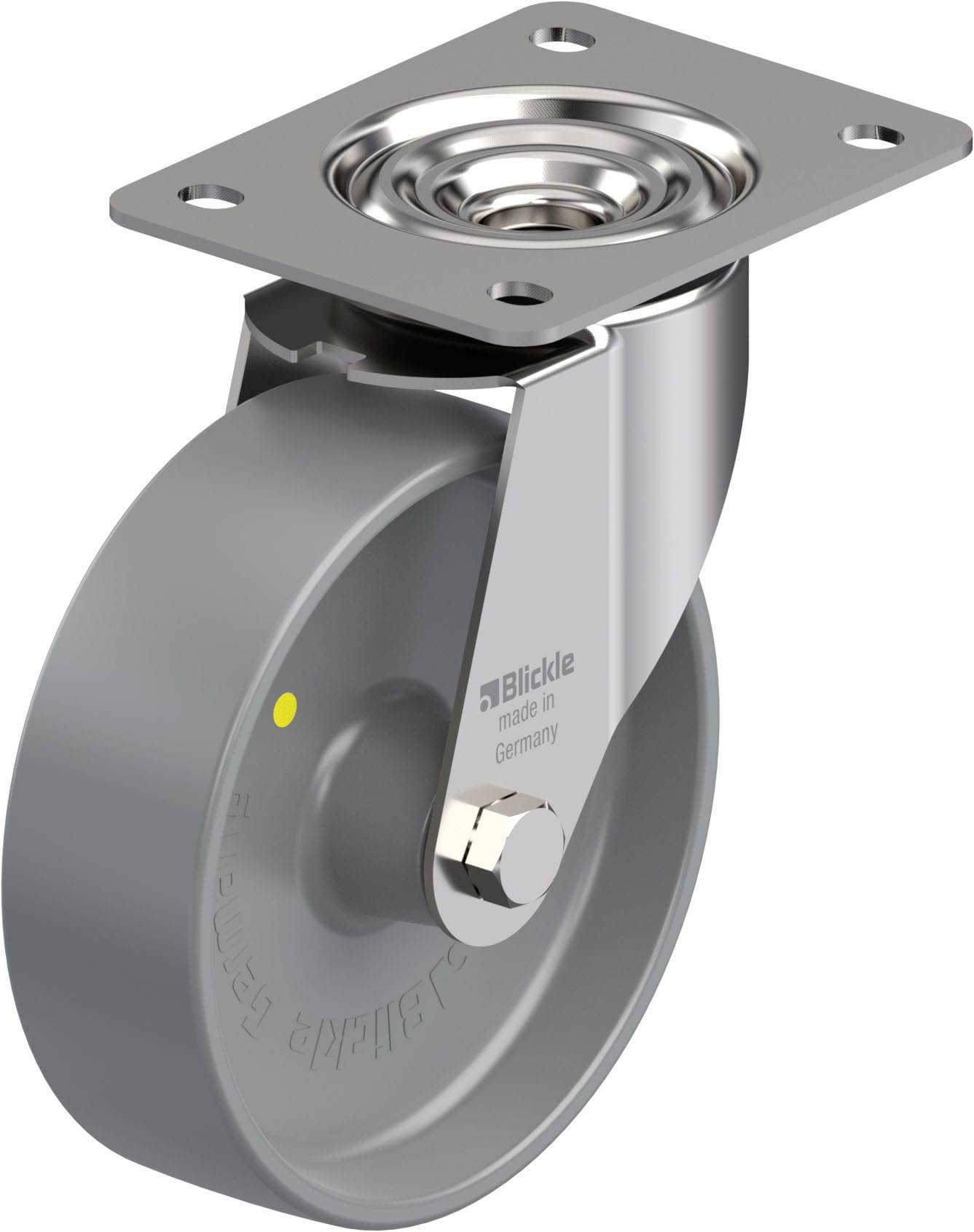 Graue Lenkschwenkrolle mit Metallhalterung, gefertigt von Blickle in Deutschland.