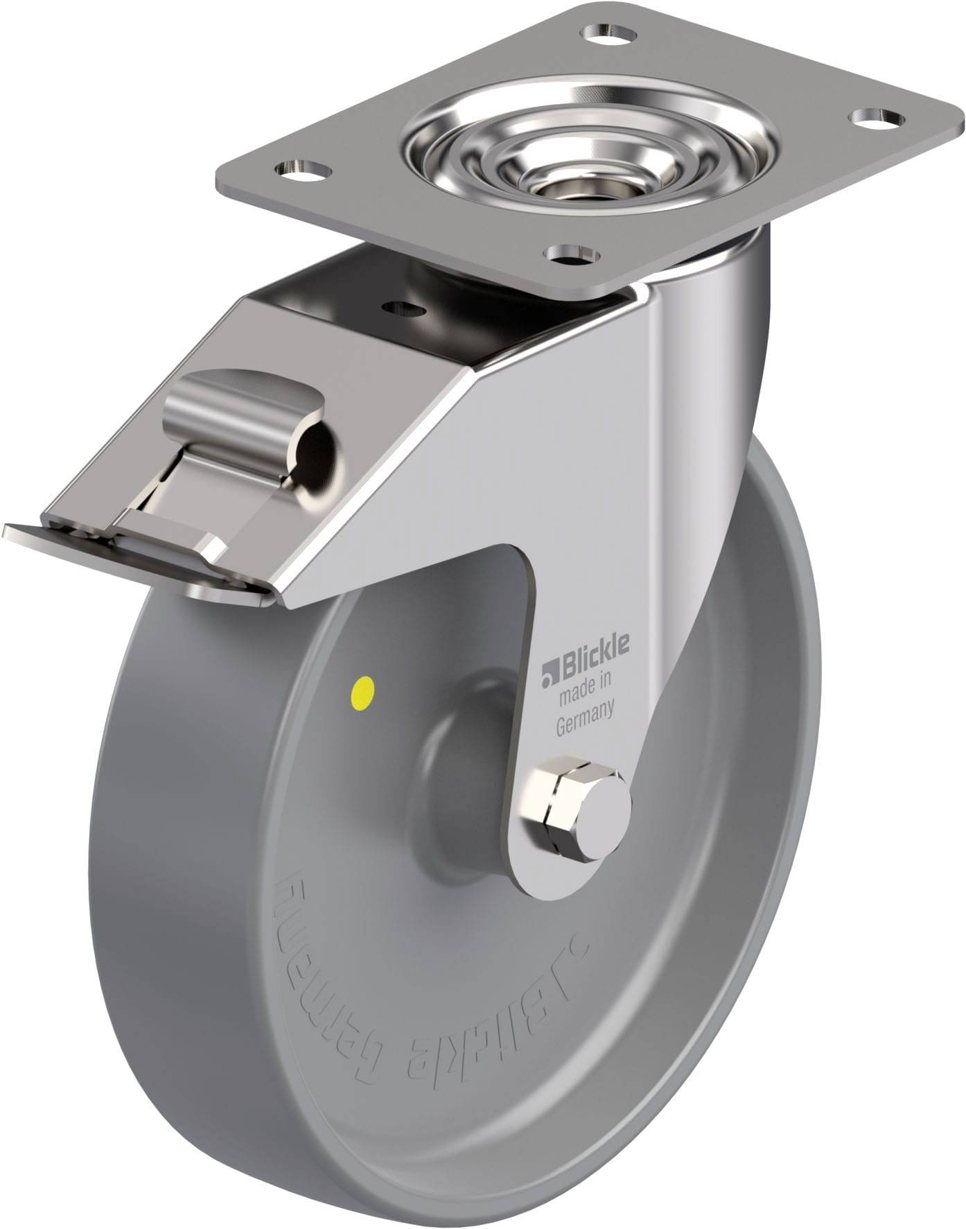 Schwenkrolle mit Bremse, silbergraues Gehäuse und Rad, designed für Industrieeinsatz. Gehäuse mit Schraubplatte zur Befestigung.
