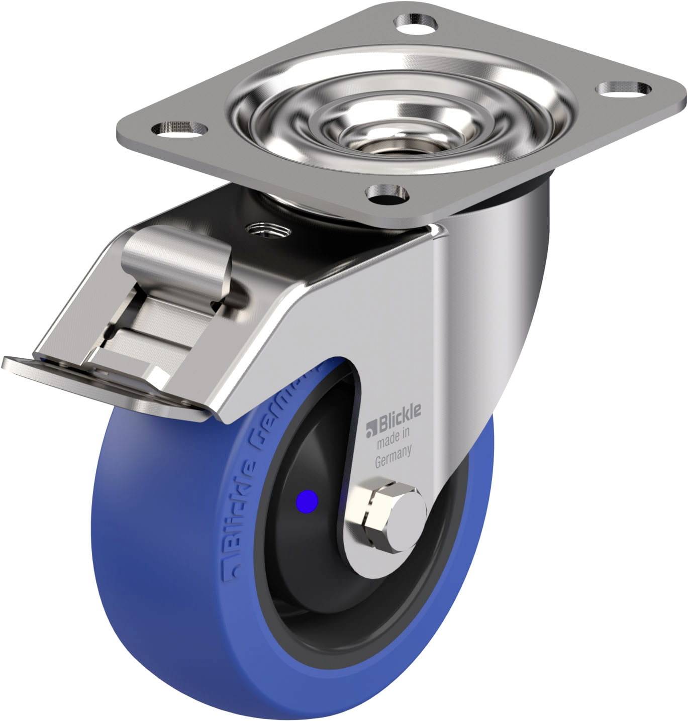 Rolle mit blauer Gummibereifung und Metallgehäuse, inklusive Feststellbremse, montierbar über rechteckige Metallplatte oben.