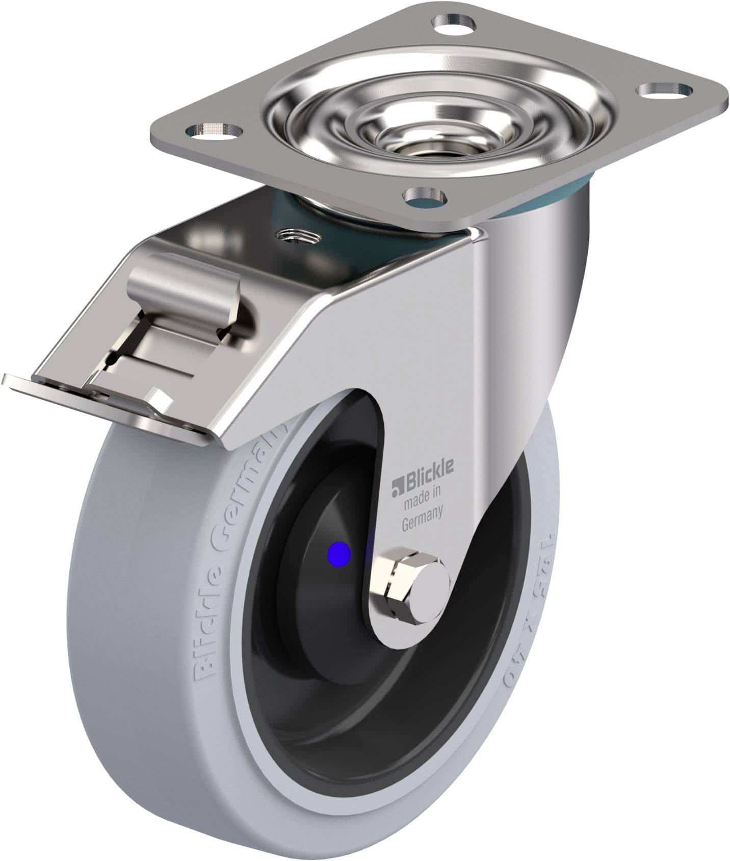 Industrie-Schwenkrolle mit grauem Rad, Metallgehäuse, und Befestigungsplatte. Ideal für Rollwagen oder Schwerlastanwendungen.