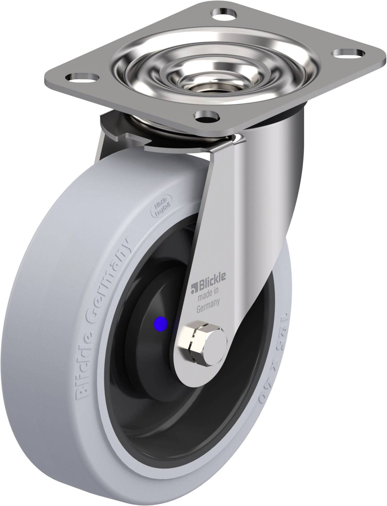 Graues, schwenkbares Lenkrolle mit Gehäuse aus Metall, geeignet für industrielle Anwendungen.