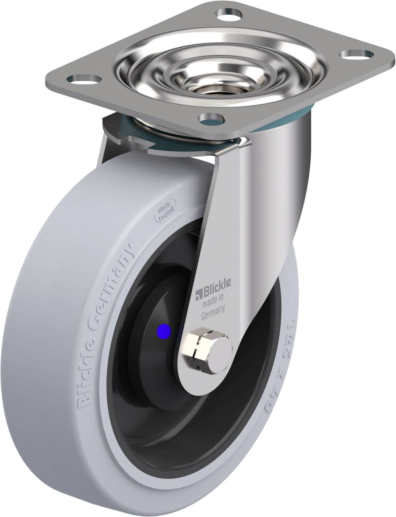 Industrie-Rolle mit stabiler Stahlplatte, grauem Rad und blauer Bewegungsanzeige, geeignet für schwere Lasten in Werkstätten.
