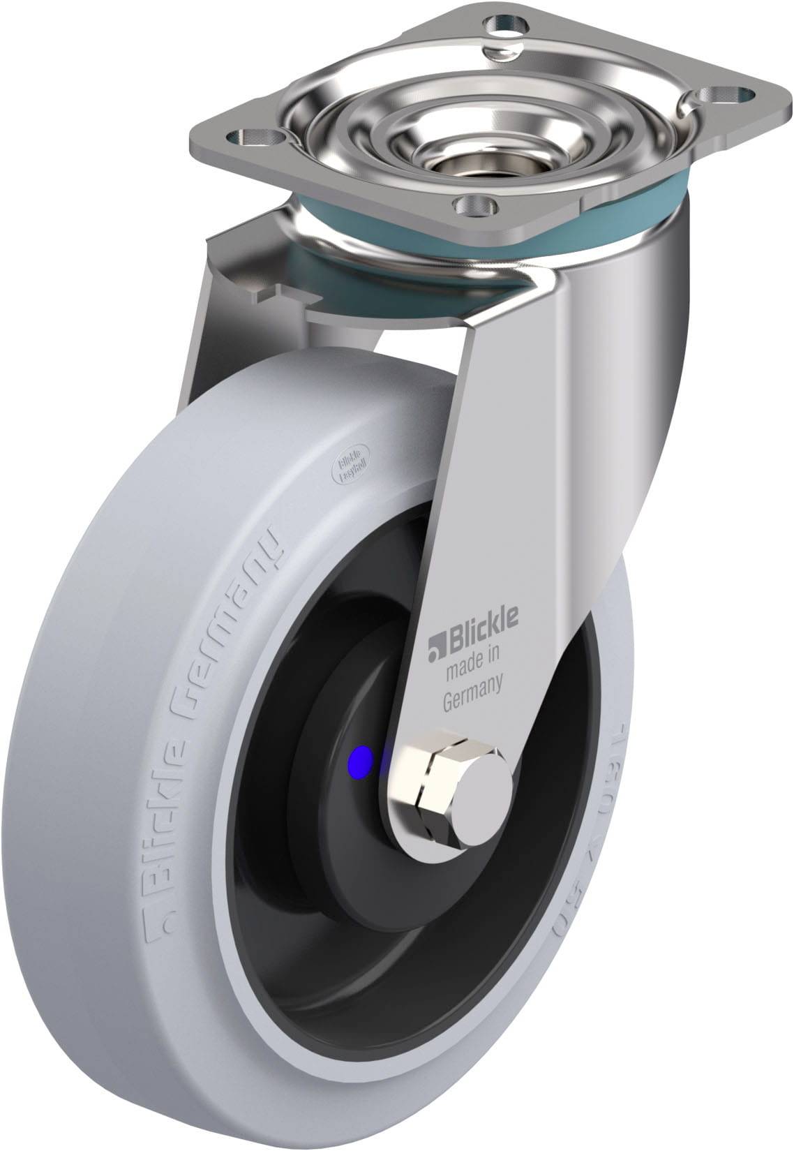 Graue Lenkrolle mit blauem Drehpunkt und metallener Halterung, gekennzeichnet mit 'Blickle made in Germany'.