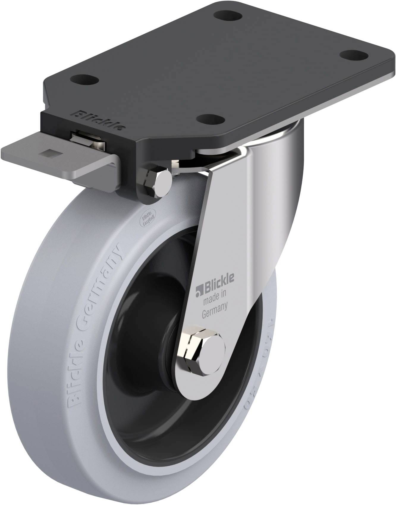 Industrie-Lenkrolle mit grauem Rad und schwarzer Montageplatte, hergestellt von Blickle in Deutschland.
