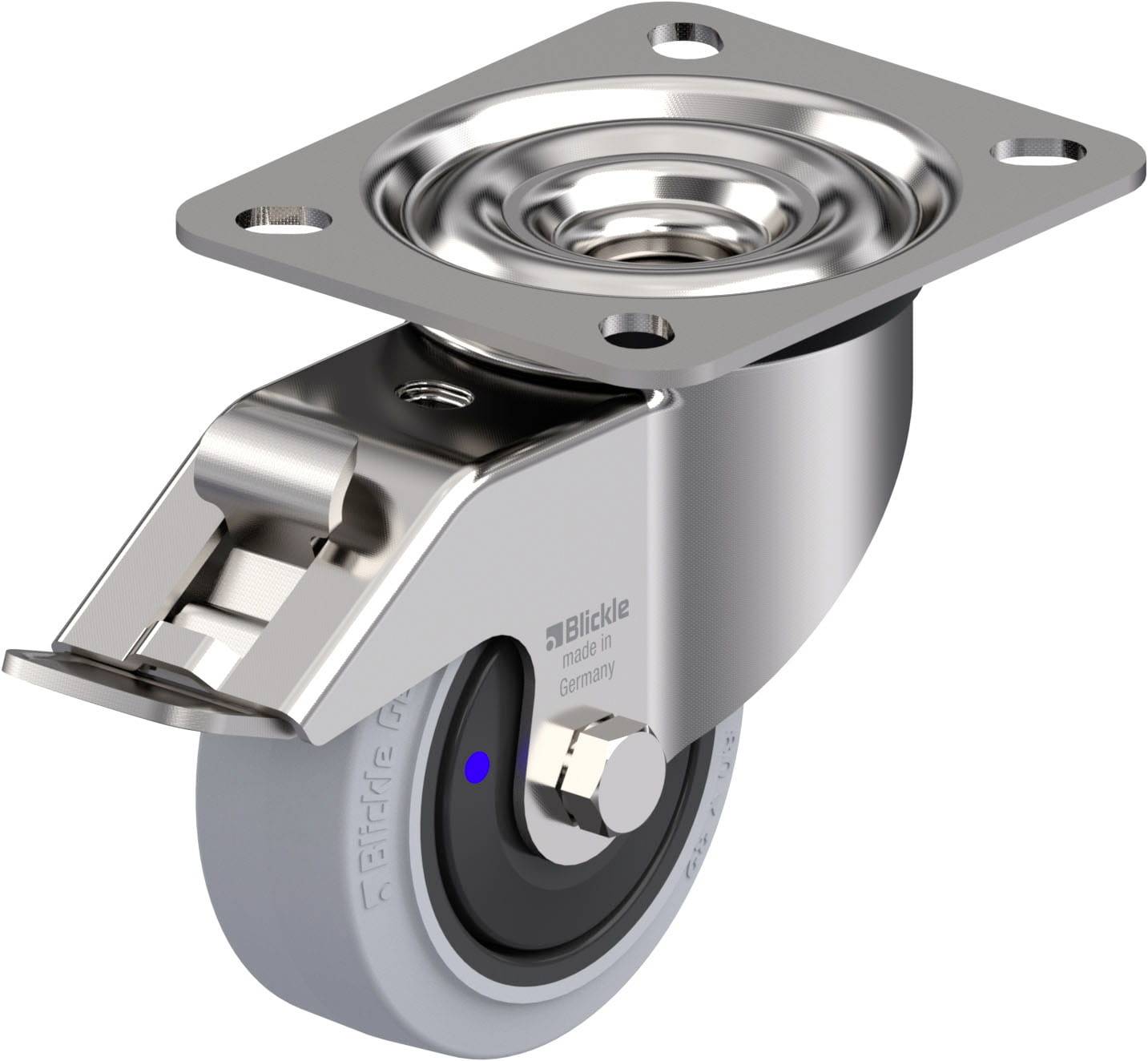 Metallrolle mit grauem Rad und festmontierter Platte. Oberseite zeigt Befestigungslöcher. Nutzung wahrscheinlich für Möbel oder Geräte.