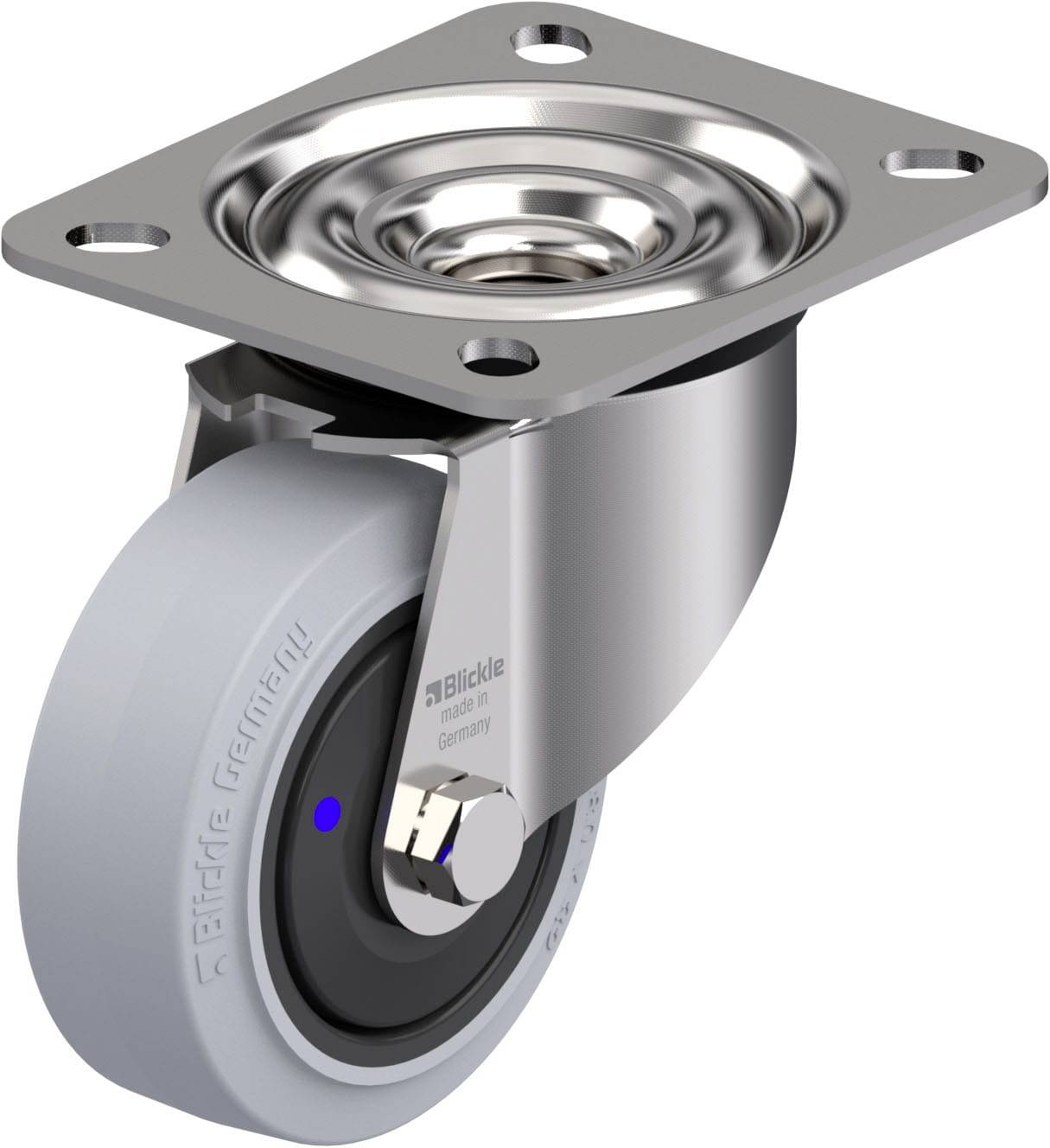 Graues Lenkrollente mit Stahlgehäuse, geeignet für Lastentransport. Rolle ist zum Drehen und Schwenken ausgelegt.