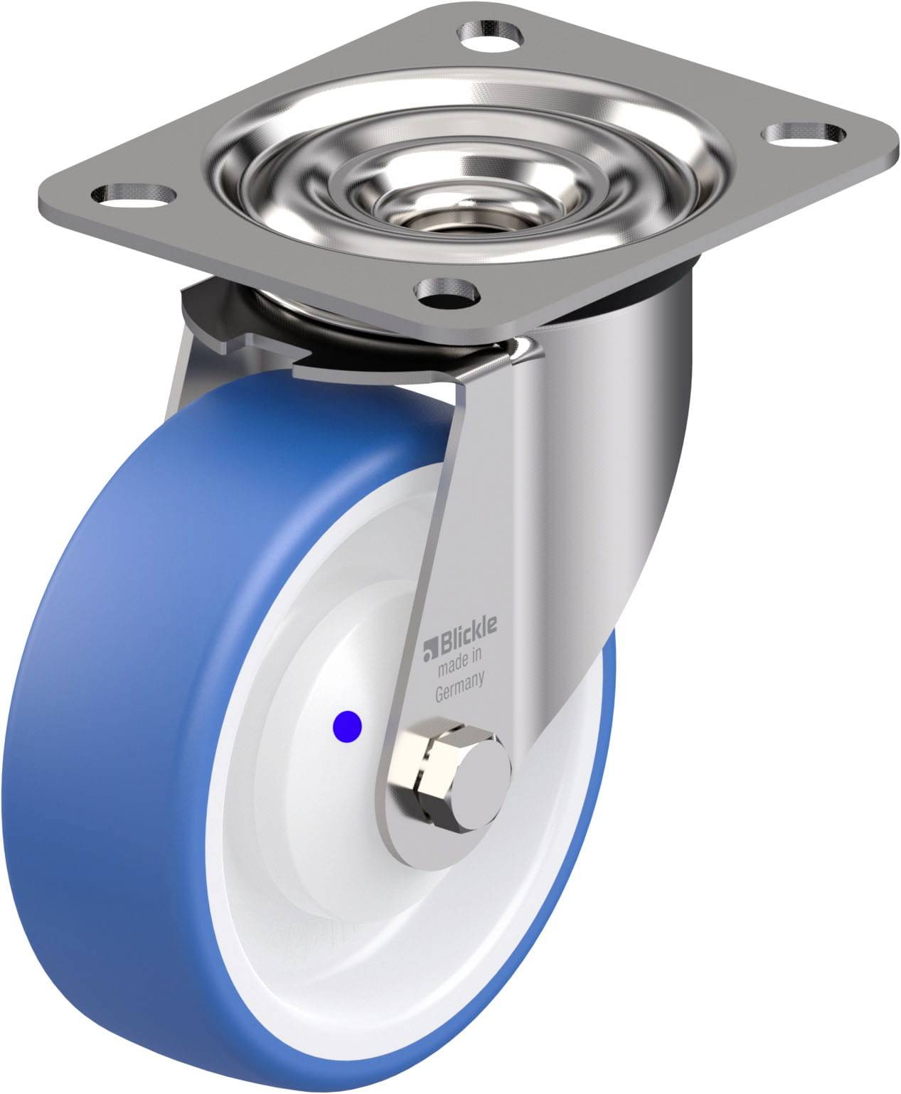 Ein blau-weißes Lenkrolle aus Metall, geeignet für Industrieanwendungen, mit Drehgelenk für Beweglichkeit und Befestigungsplatte.