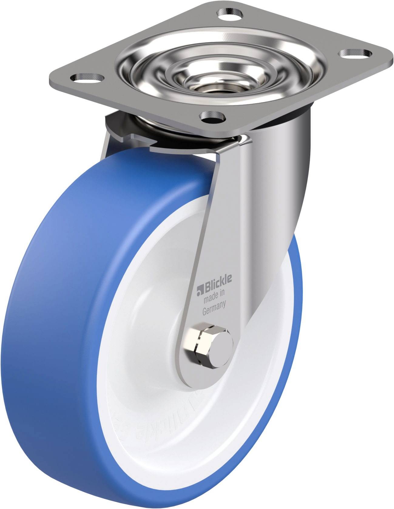 Industrie-Rolle mit blauer Gummi-Lauffläche, weißem Radkern und silbernem Metallgehäuse. Markenname 'Blickle' auf der Radseite.