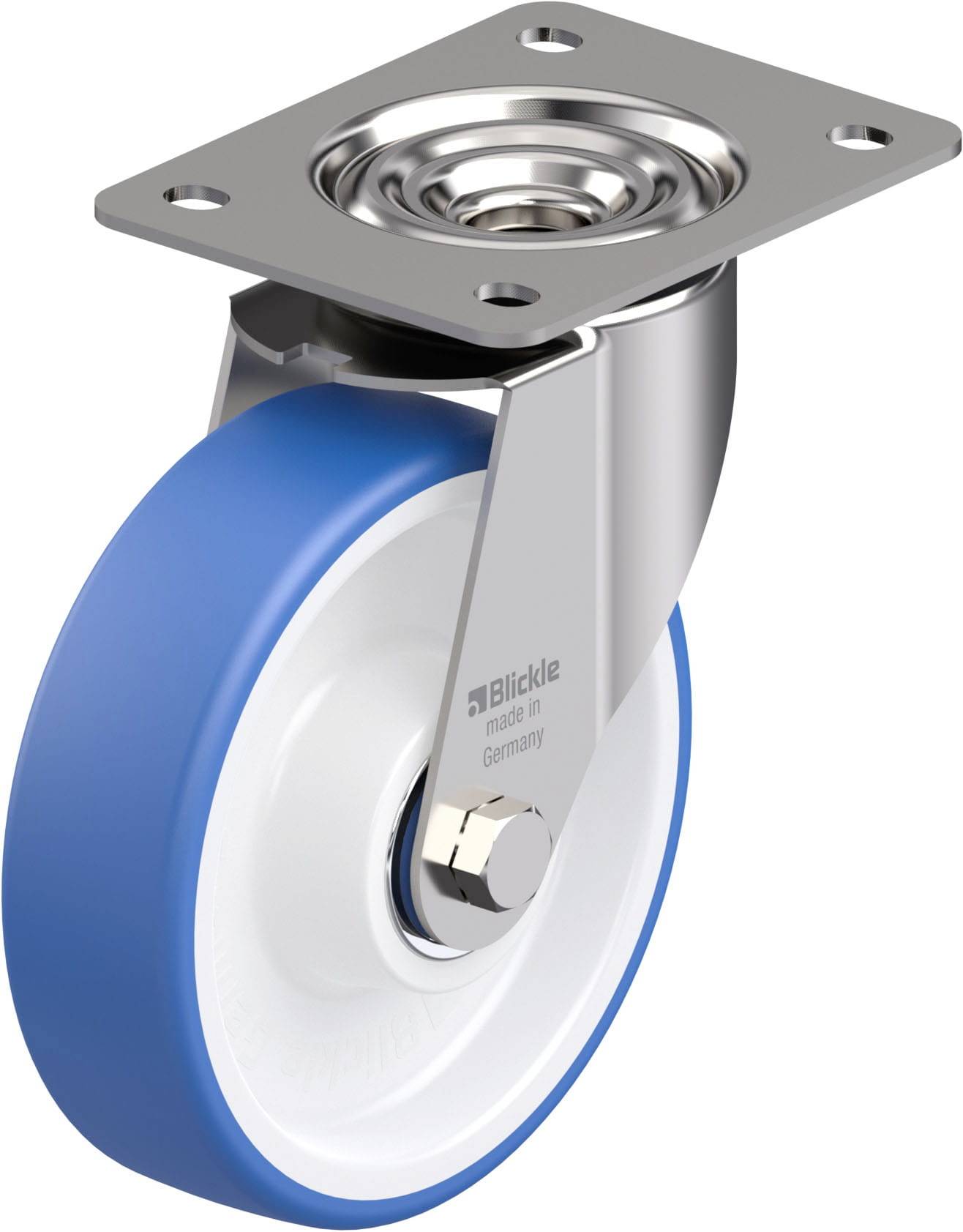 Rolle mit blauem Gummi und Metallhalterung, geeignet für Möbel oder Transportgeräte.
