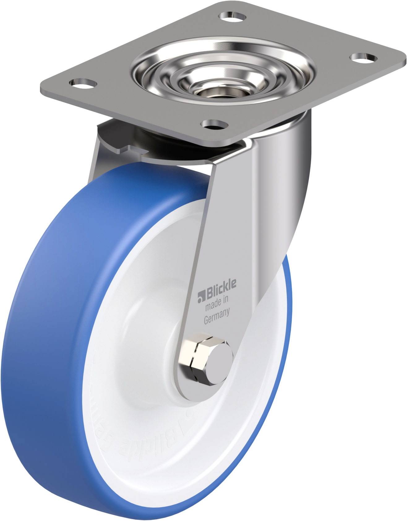 Industrie-Rolle mit blauem Gummirad und silberner Metallhalterung. Darunter steht 'Blickle, Made in Germany'.