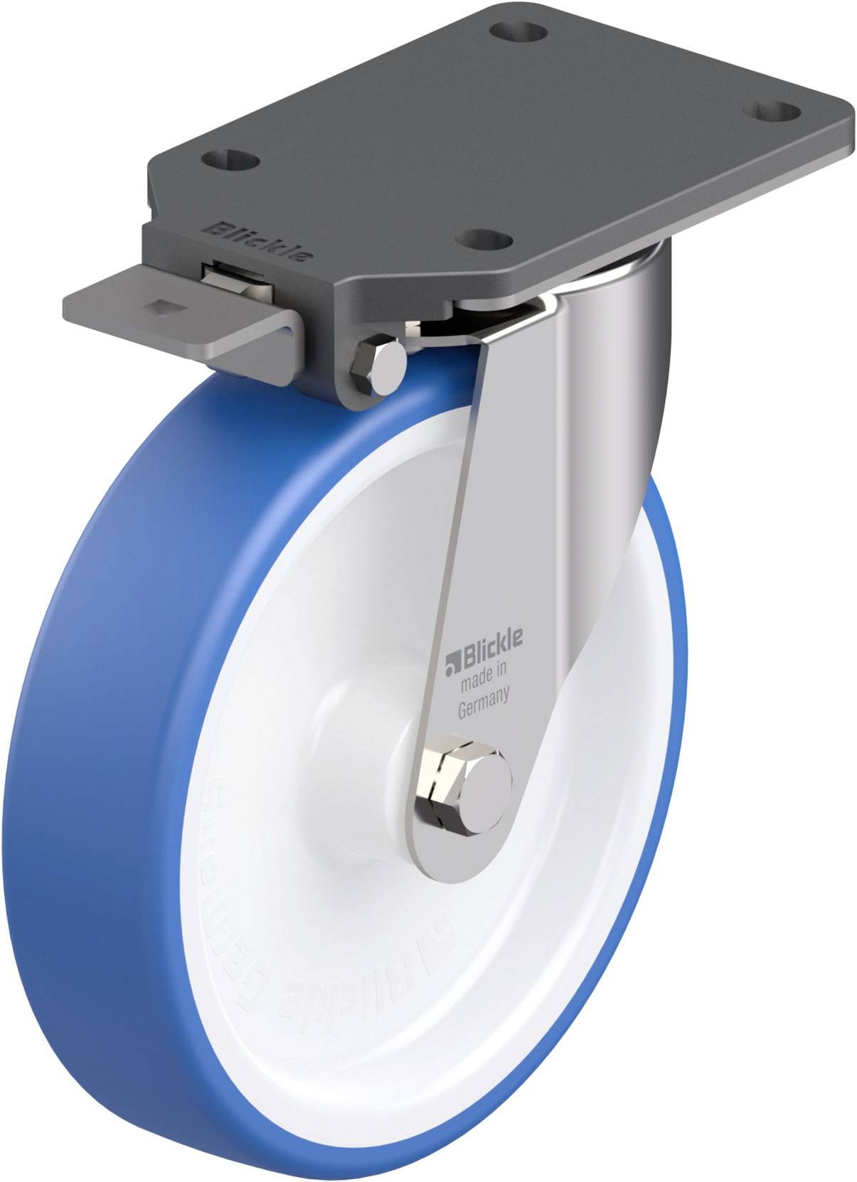 Blau-weiße Lenkrolle mit schwarzer Montageplatte, abgebildet in seitlicher Ansicht. Geeignet für Transportwagen oder Möbel.