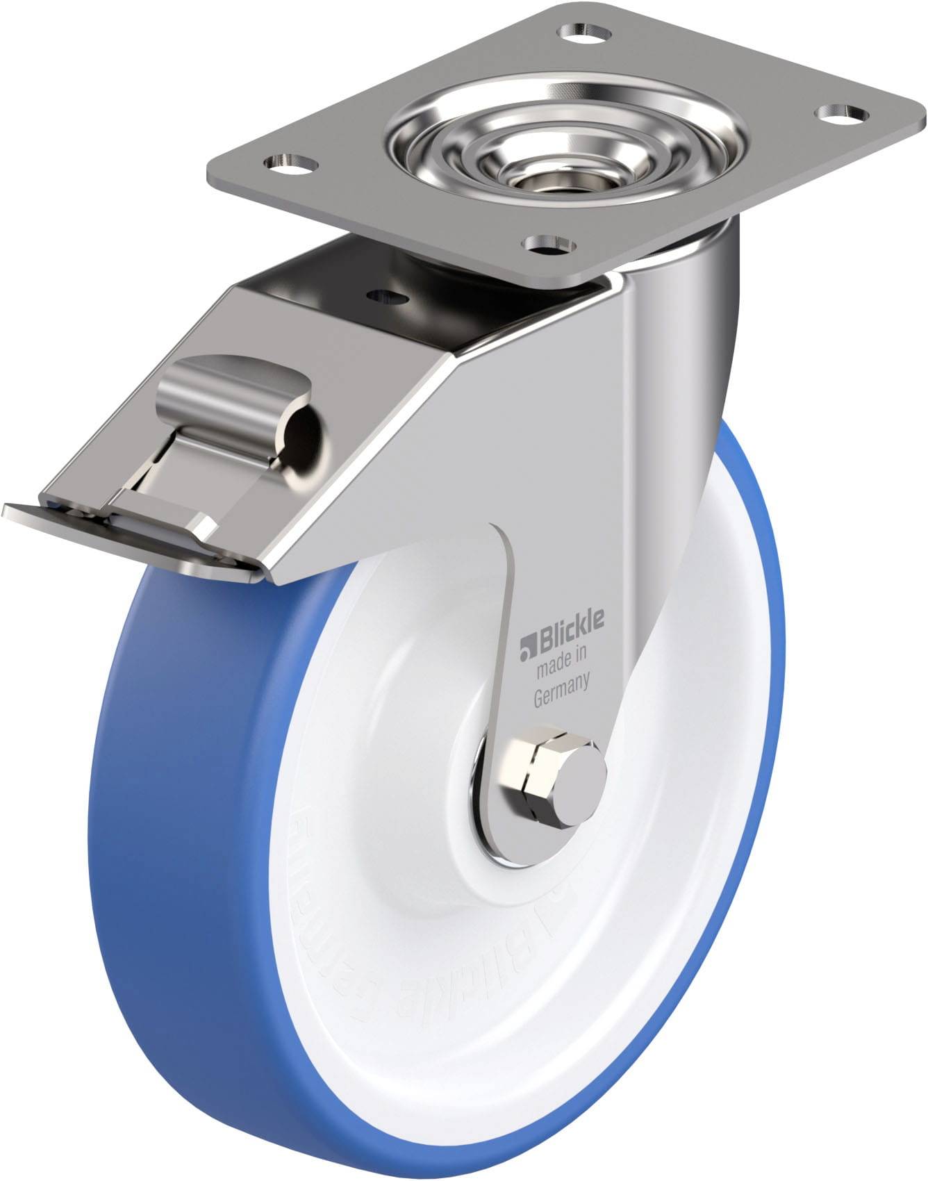 Metallisches Lenkrollenrad mit blauer Gummibereifung und Befestigungsplatte.