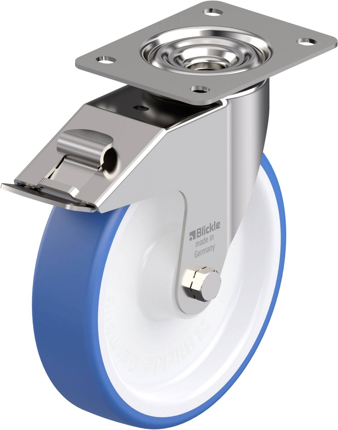 Ein Rad mit blauer Lauffläche und Metallhalterung, geeignet für Möbel oder Geräte. Es hat eine rotierende Plattform für Beweglichkeit.