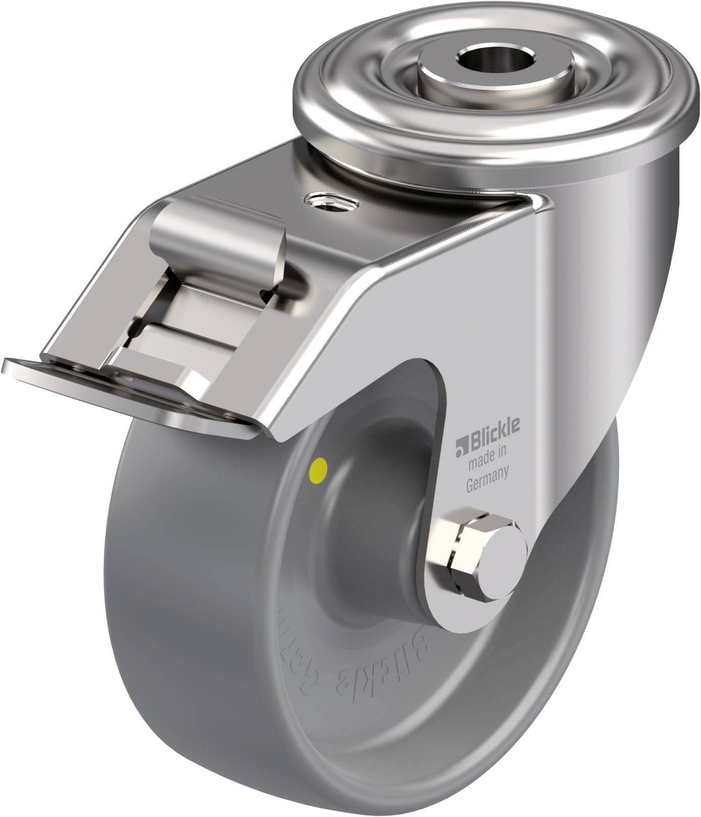 Industrie-Lenkrolle aus Edelstahl mit Bremse und drehbarem Lager, geeignet für schwere Lasten. Hergestellt in Deutschland.