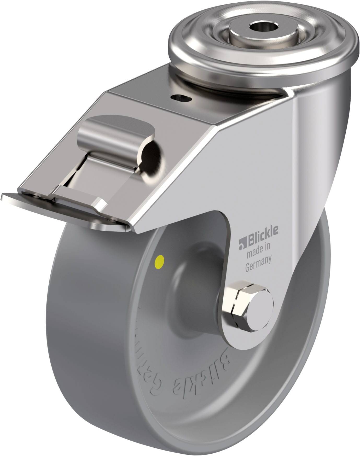 Industrie-Rolle aus Metall mit Drehgelenk, 'Blickle made in Germany' graviert, geeignet für schwere Lasten.