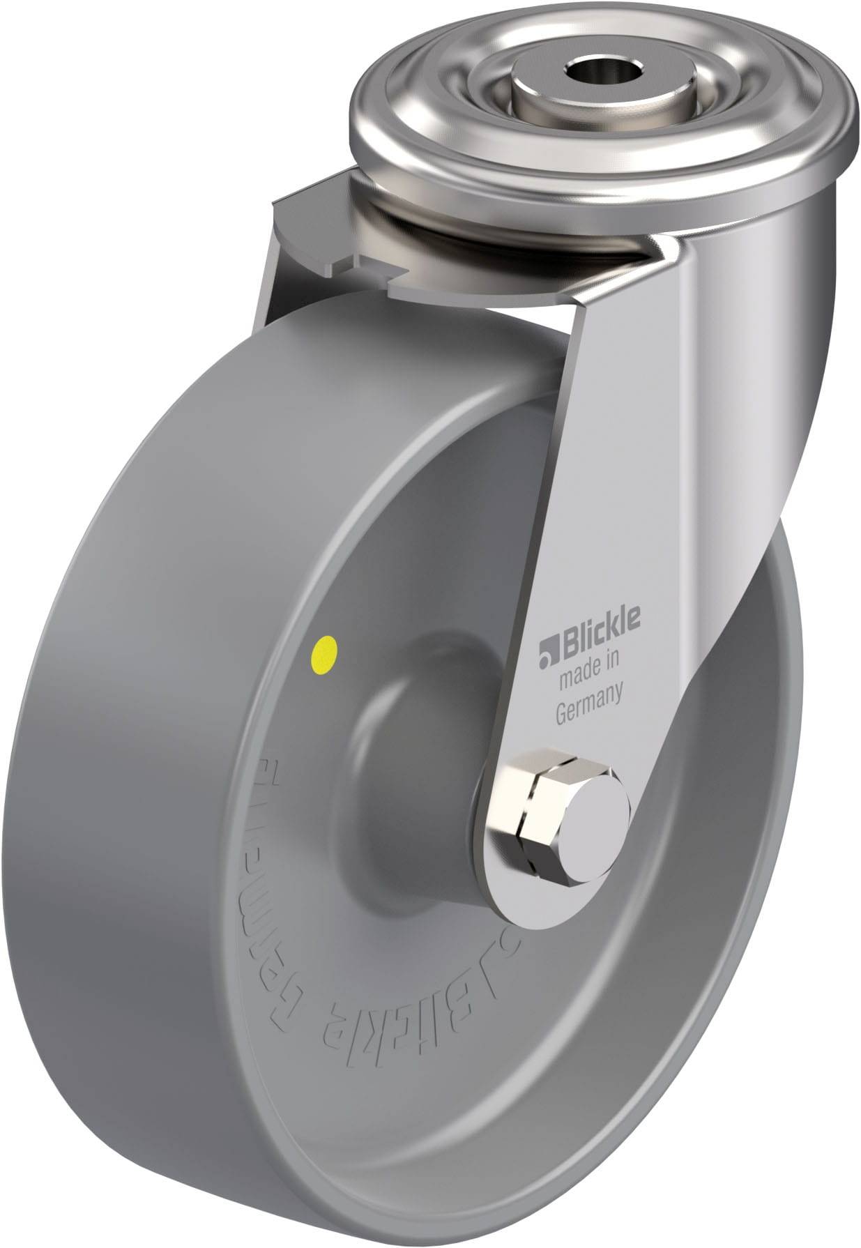 Industrie-Rolle mit Metallhalterung, graues Rad und Schriftzug 'Blickle made in Germany' auf der Seite. Geeignet für schwere Lasten.