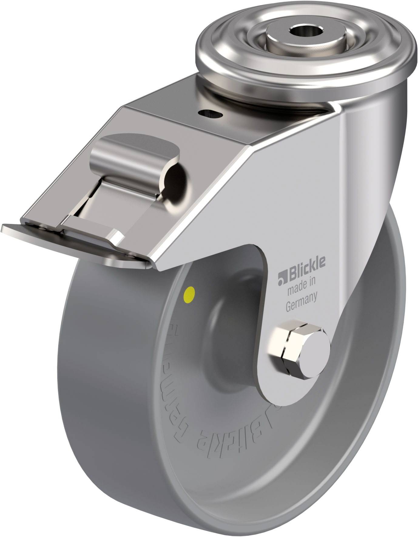 Industrie-Lenkrolle aus Metall mit grauem Rad, geeignet für schwere Lasten. Herstellername und Herkunftsland 'Germany' aufgedruckt.