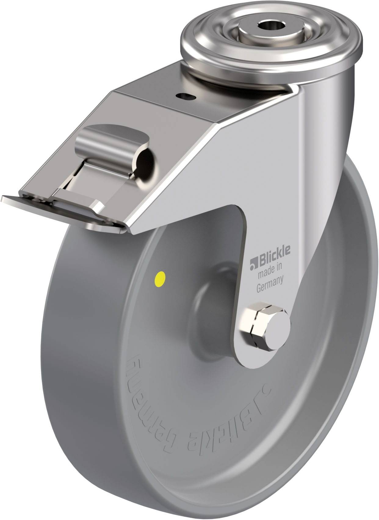 Grauer Industrierollen-Caster aus Metall mit drehbarem Kugellager und Befestigungsplatte, geeignet für schwere Lasten.