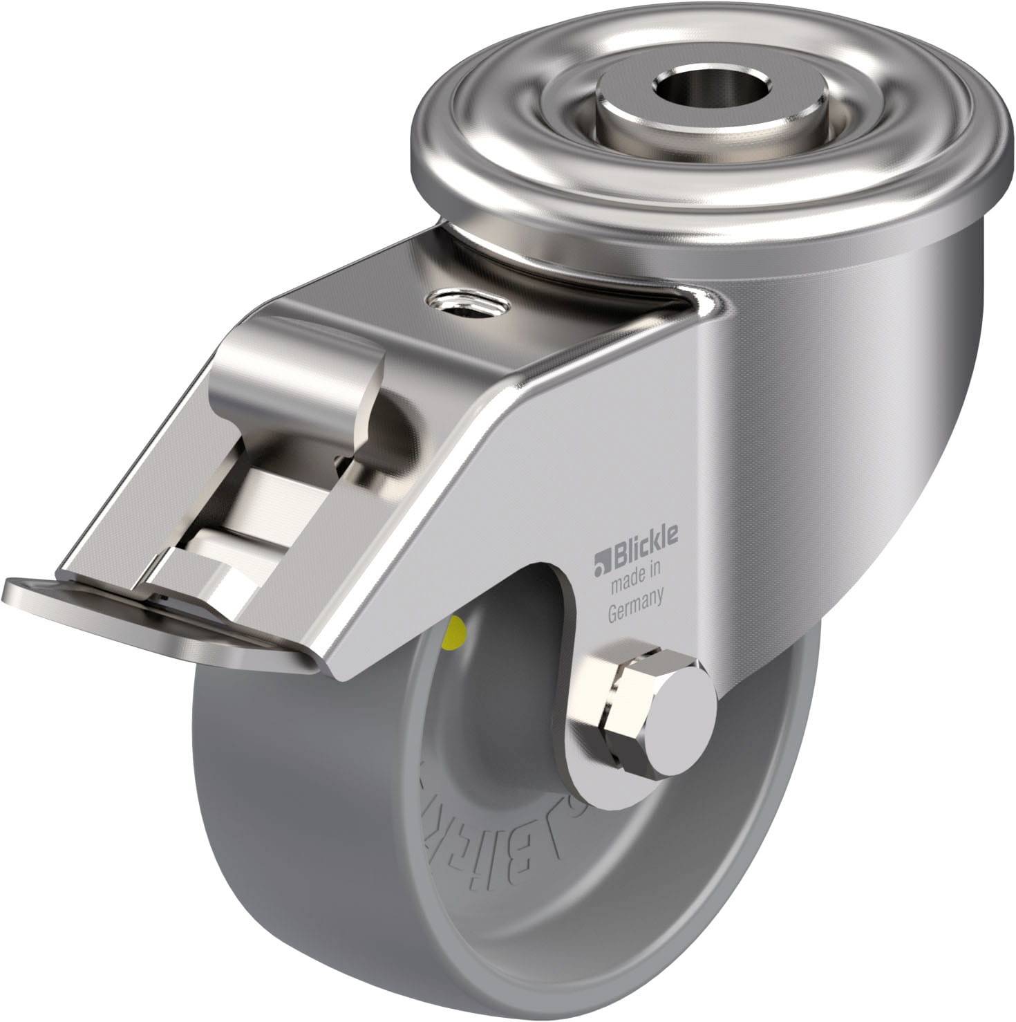 Metall-Lenkrolle von Blickle mit grauem Rad und integrierter Feststellbremse, geeignet für den Einsatz auf feinen Oberflächen.