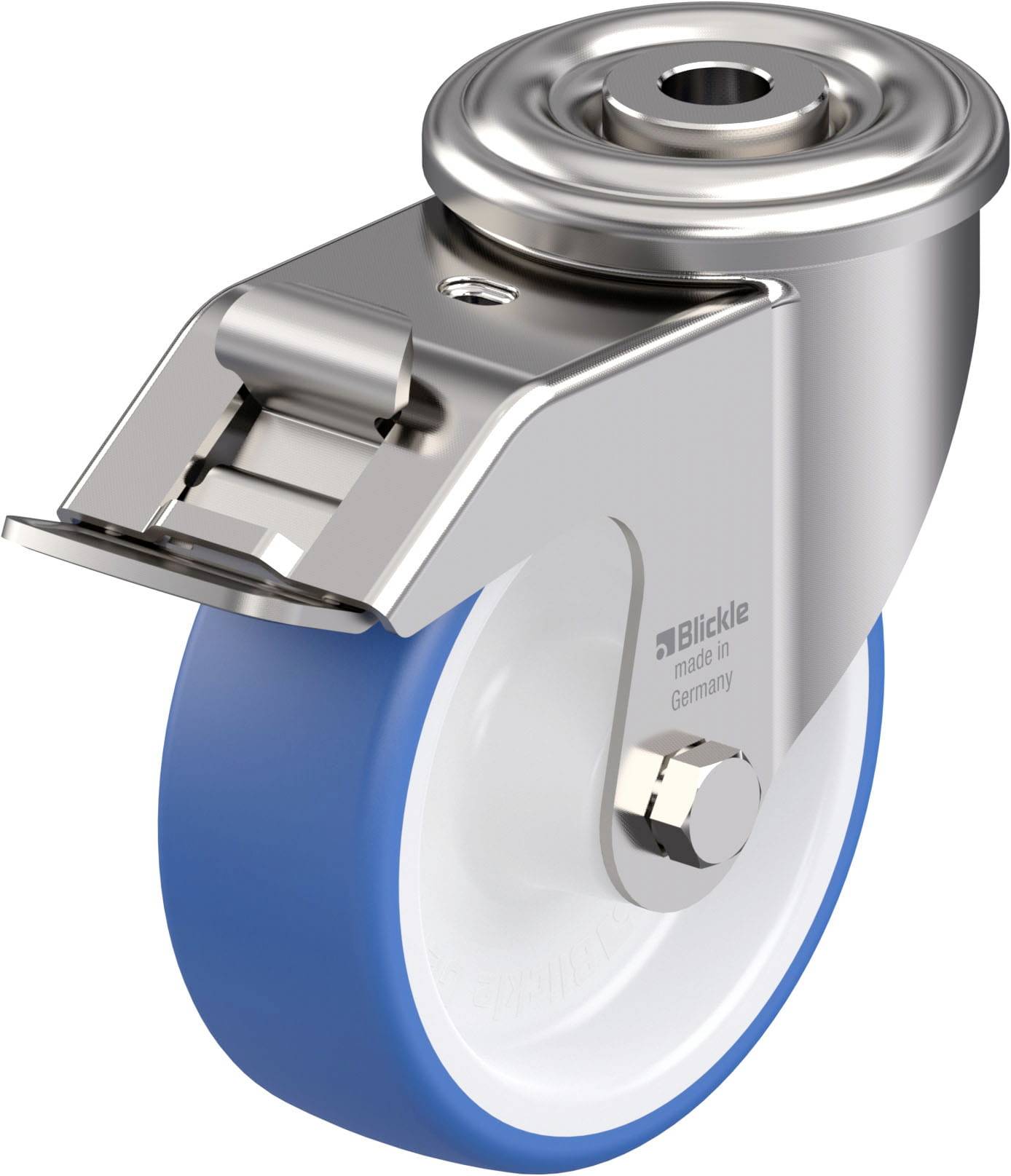 Industrie-Lenkrolle mit blauer Gummibereifung, kugelgelagertem Gehäuse und Befestigungsbohrung. Aufdruck: 'Blickle Made in Germany'.