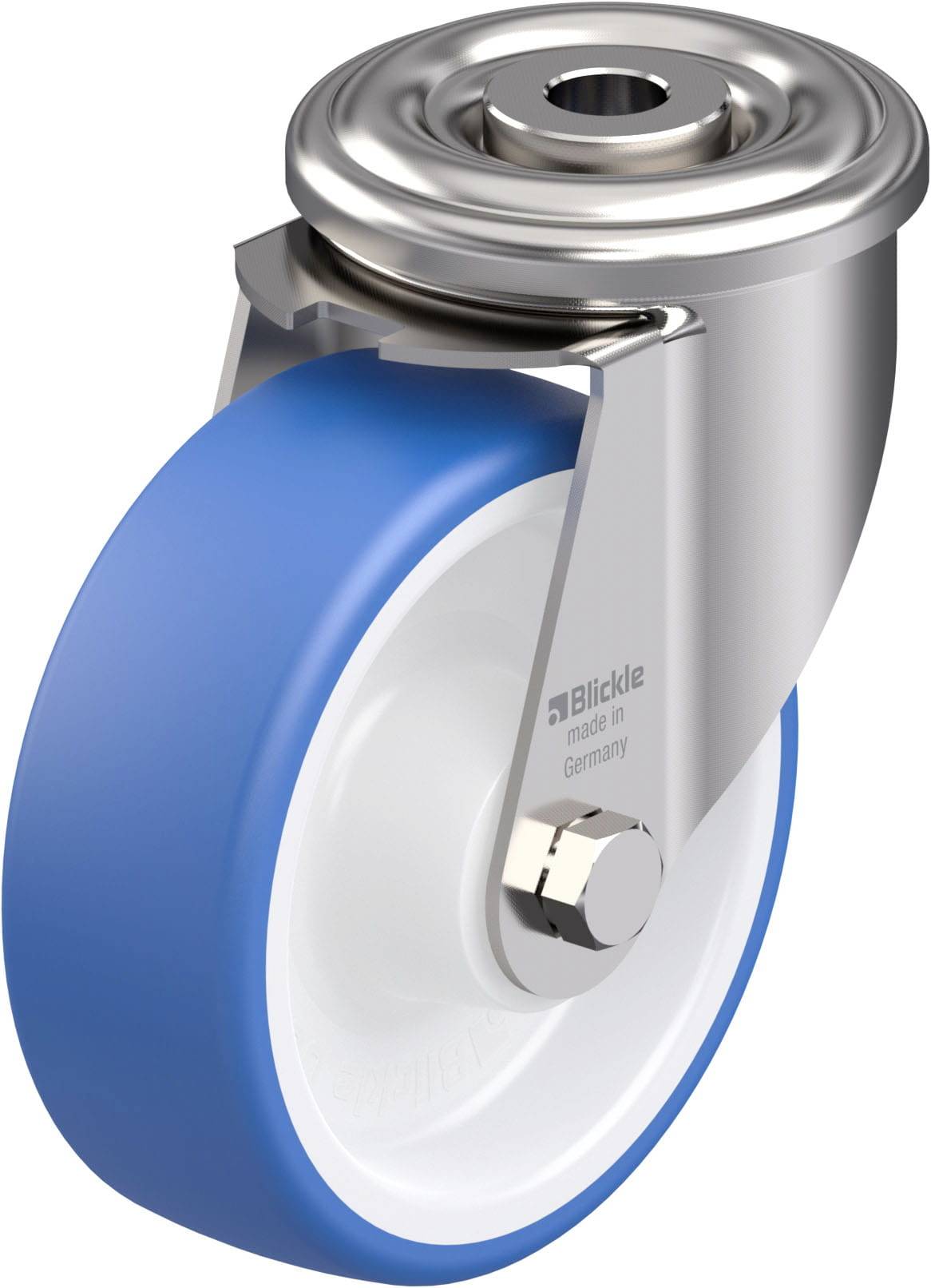 Leichtlaufendes Rädchen mit blauem Gummirand und glänzendem Metallgehäuse, geeignet für Möbel oder Wagen, gefertigt in Deutschland.