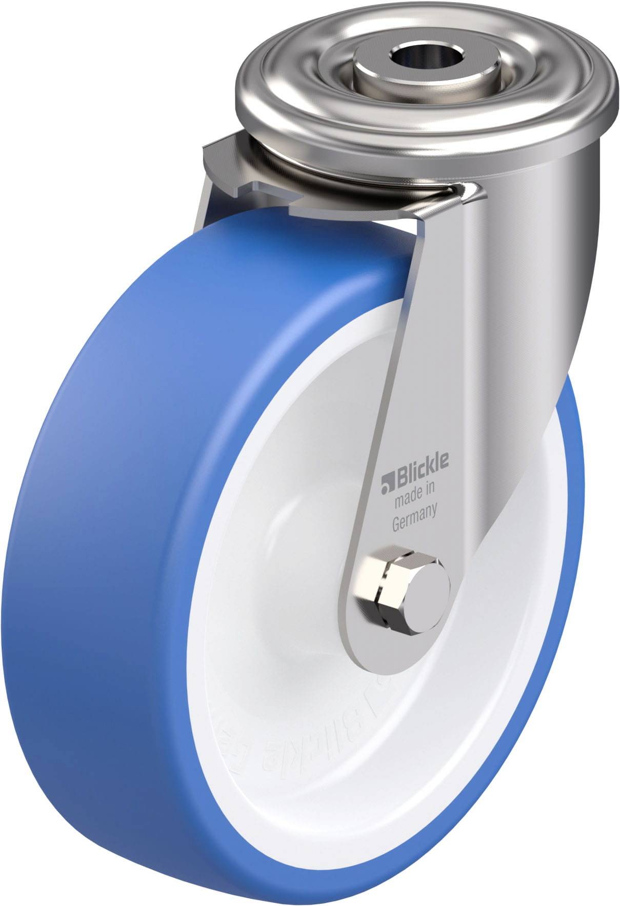 Ein blau-weißes Rad mit Metallhalterung, markiert 'Blickle, made in Germany', zeigt eine robuste Lenkrolle für industrielle Anwendungen.